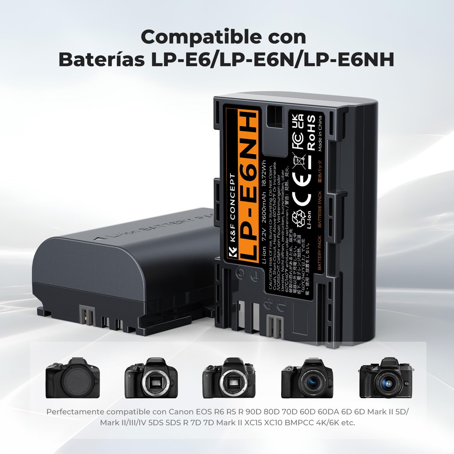 K&F Concept LP-E6NH 2600mAh Baterías Cargador de Doble Ranura con Pantalla LCD, Compatible con Canon EOS R7, R6, R5, 5D Mark II/III/IV, 6D, 6D Mark II, 7D II, 90D, 80D y 70D