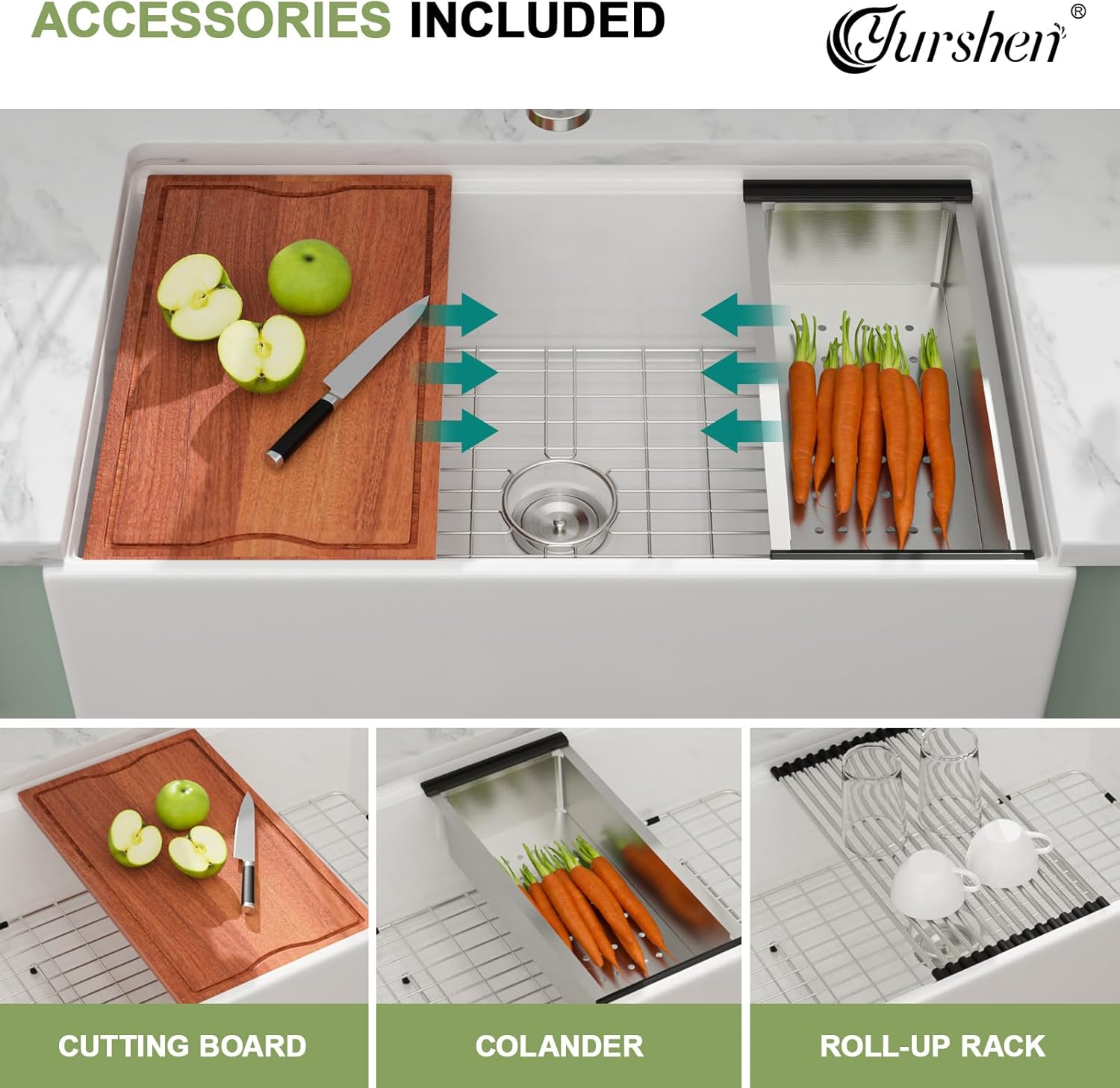 33 Inch Reversible Farmhouse Sink – Fireclay Kitchen Sink White Apron Front Ceramic Porcelain Single Bowl Workstation Kitchen Sink, 33"x20"x10" #YSAC0002