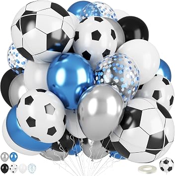 Football Balloons, Metallic Blue Silver Balloons with 18 Inch Football Foil Balloon for Sport Theme Soccer Party Decorations, Soccer Print Chrome Silver Blue Confetti Balloon for Boys Men Birthday