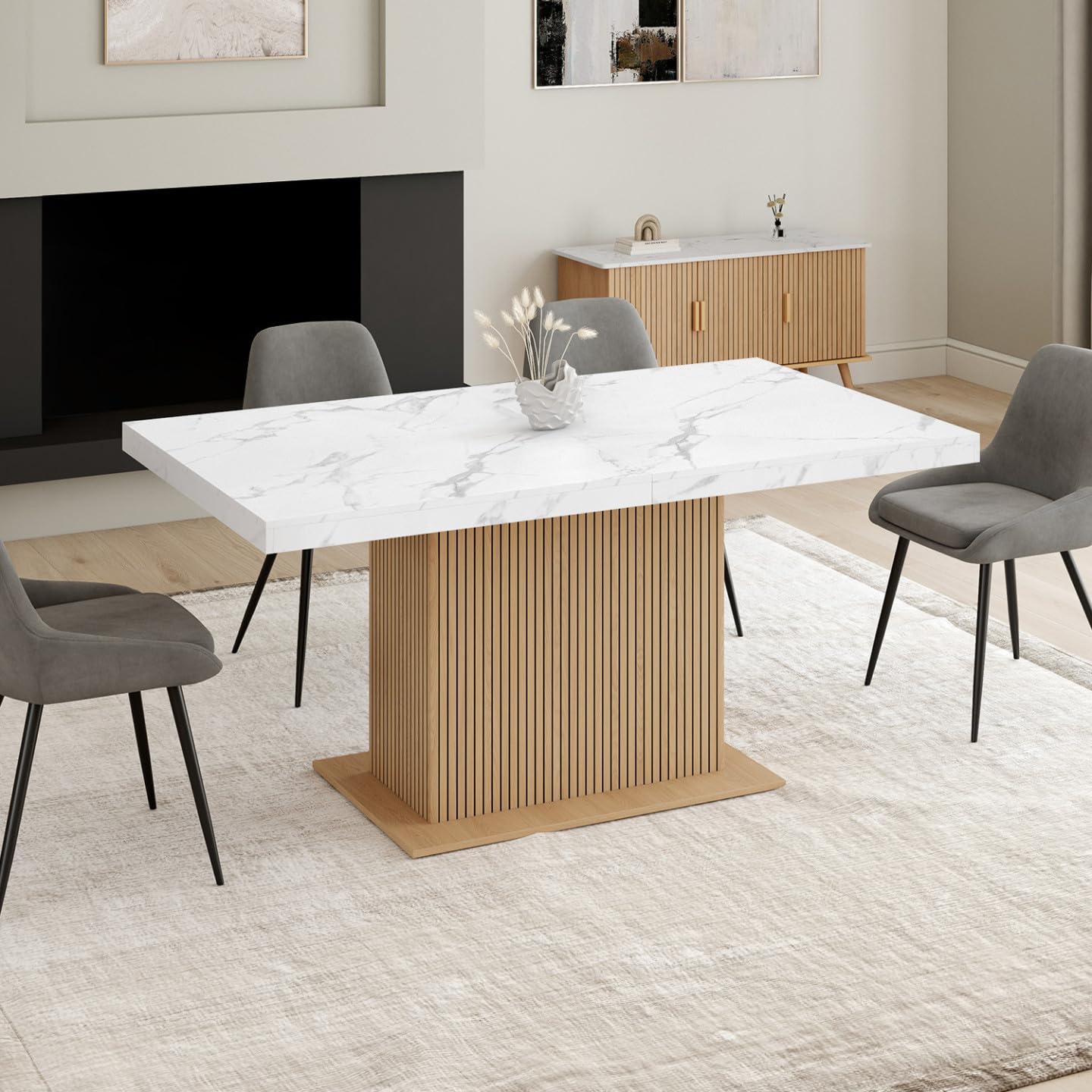 IDMarket – Tavolo da pranzo allungabile rettangolare Julieta 6-10 persone, vassoio effetto marmo, doghe in legno con spazio di archiviazione, 160-200 cm