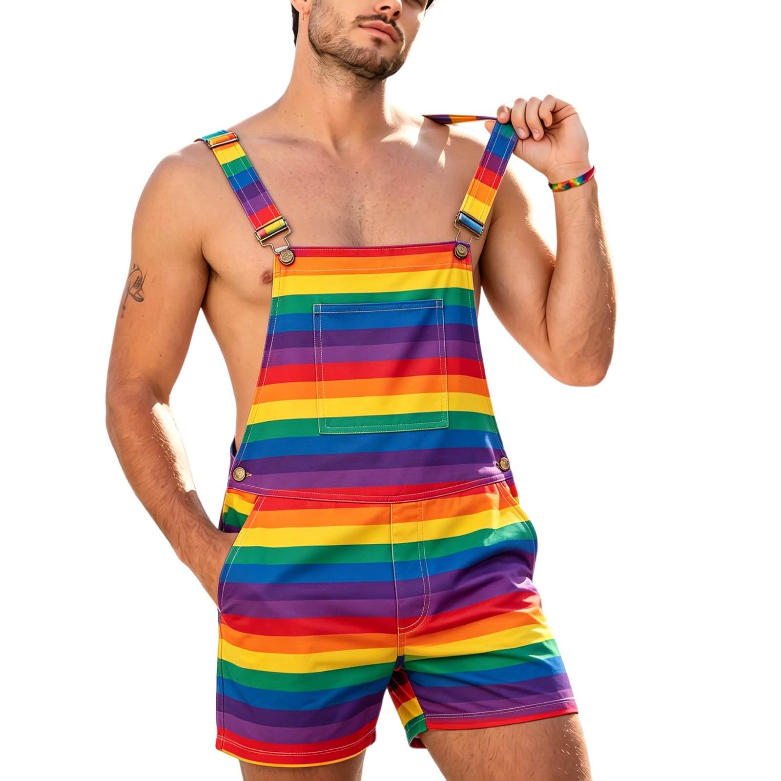 Salopette courte pour homme, vêtements arc-en-ciel, multicolore, imprimé arc-en-ciel, jambe droite, pantalon de travail avec poches, fête, carnaval, costume hippie, streetwear, salopette