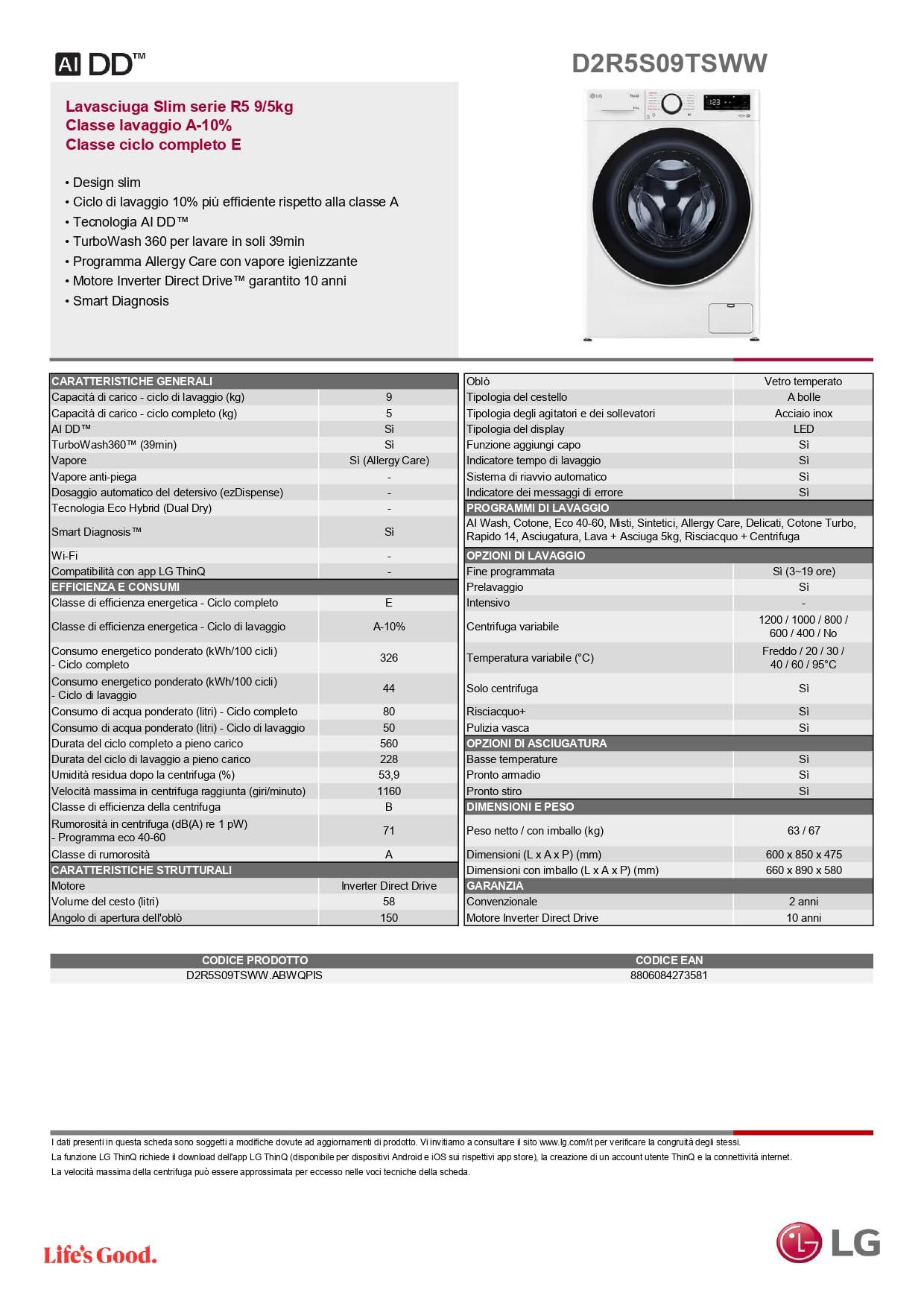 LG D2R5S09TSWW Lavasciuga 9.5 kg, Classe A-10%/E