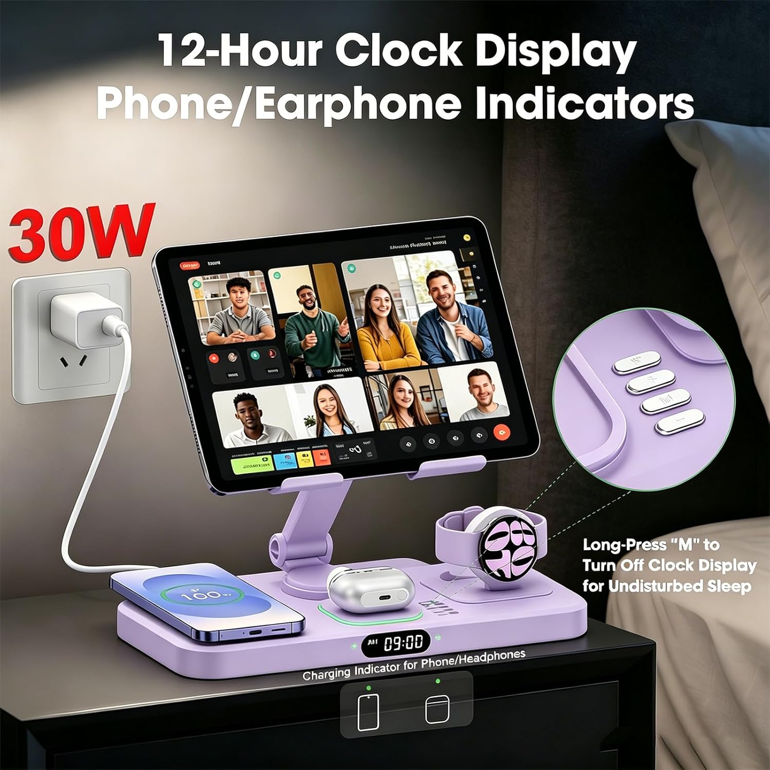 30W Tablet Wireless Charger for Samsung, Foldable Android Charging Station with Clock Display with 7-Color Light, Wireless Watch Charger for S25, Only Compatible Samsung Watch, Galaxy Buds3 Pro(Purple