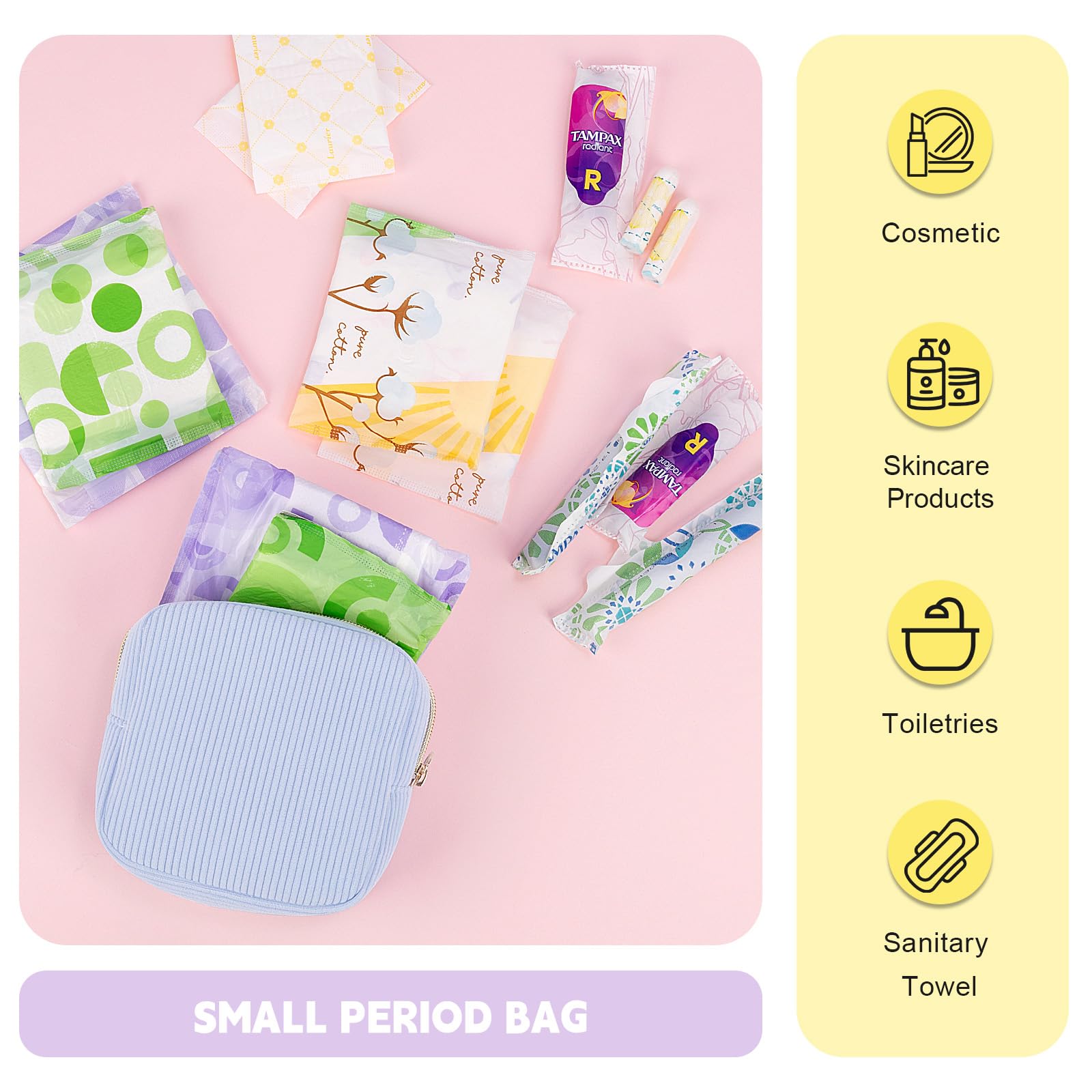 Bolsa de periodo para adolescentes y niñas, bolsa de almacenamiento de servilletas sanitarias de pana, bolsas menstruales, soporte para tampón para bolso, A-blanco, Viajes 5
