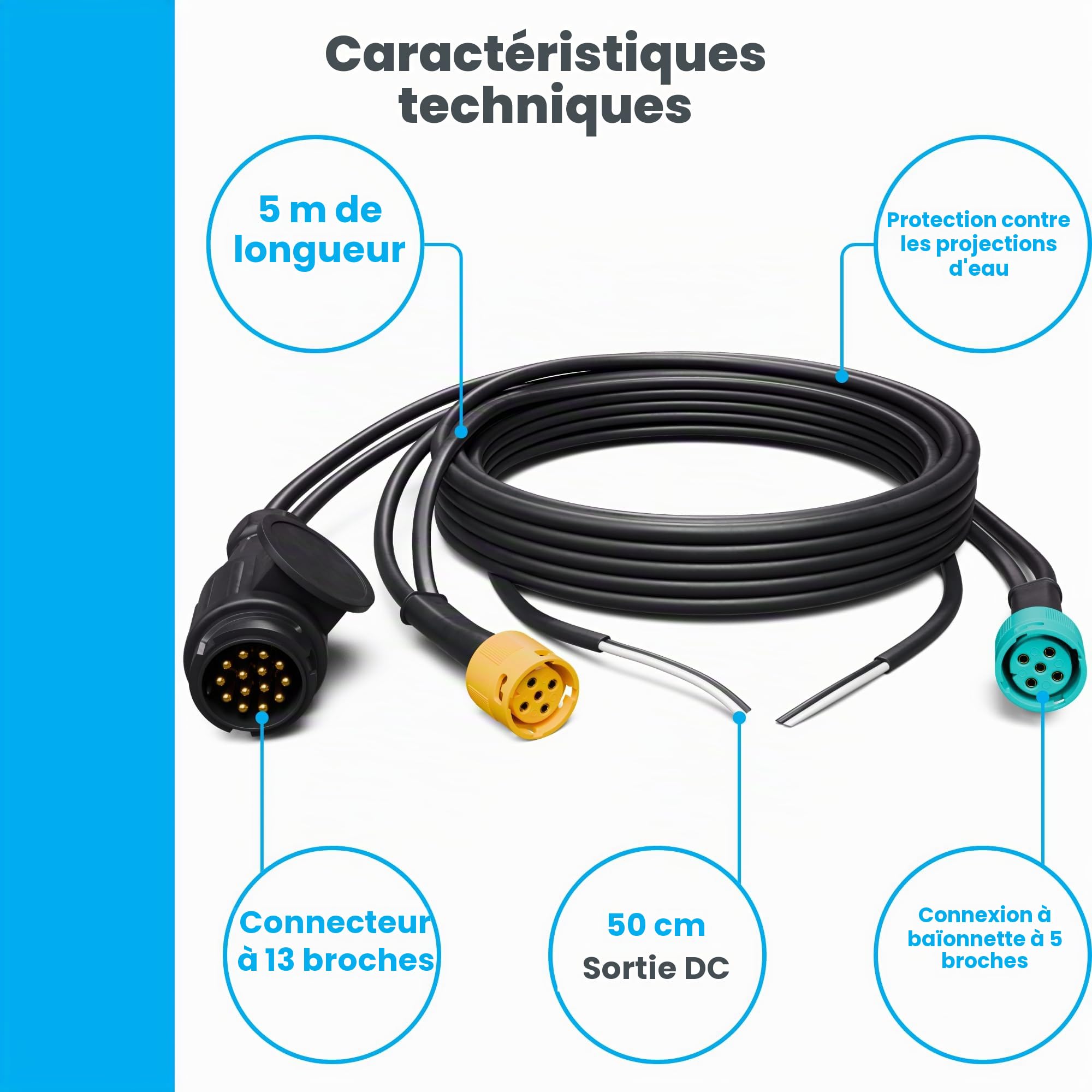 Jeu de câbles pour remorque 5 m 13 broches + 2 câbles de sortie CC pour éclairage de remorque feux arrière Faisceau de câbles avec connecteur à baïonnette