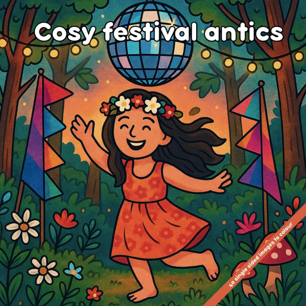 Cosy festival antics: A colouring book of glitter, grass stains, and good vibes.