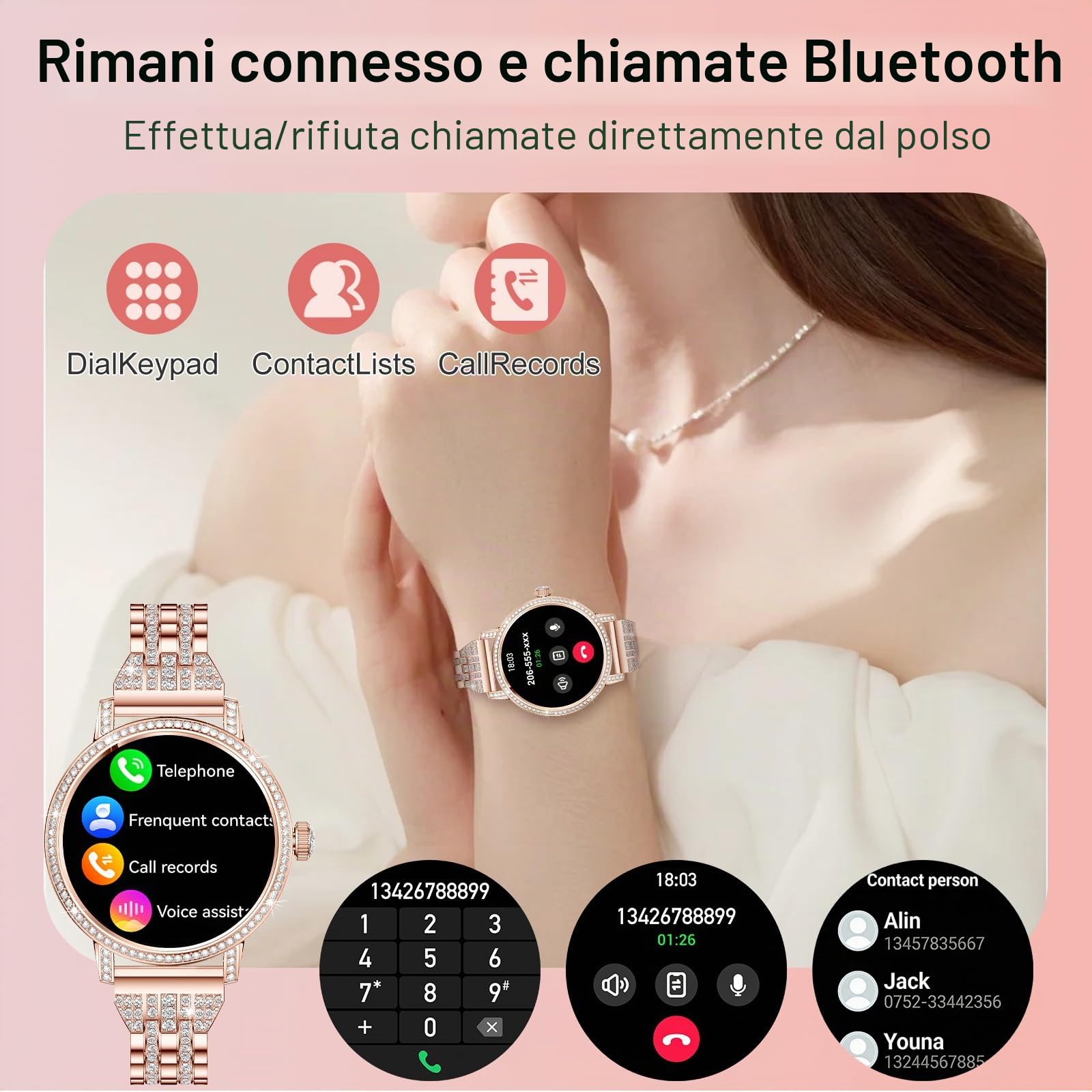 Smartwatch donna con Diamant,3 Cinturini,1,27" HD Smart Watch con Chiamate Bluetooth,Pressione/Sonno/Passi/HR/SpO2/Calorie,IP68 120+ Sportivo orologio donna smartwatch per Android/iOS,Oro rosa
