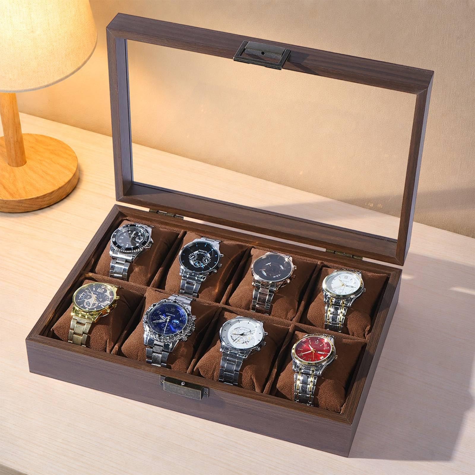 Gralara Organizador Relojes con Tapa Clásico Estuche Organizador Relojes con Compartimentos Expositor para Cómoda