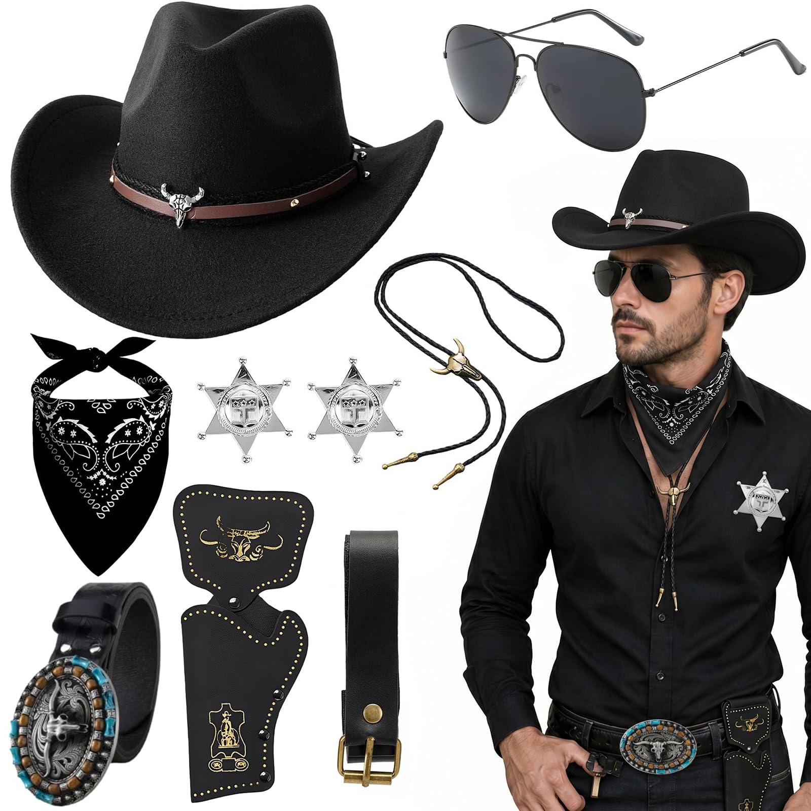 iSharely 9PCS Western Cowboy Accessories Set, Wild West Fancy Dress Costume with Hat Glasses Bandana Bolo Tie Badge Belt & Holster Cowboy Outfit for Men Women Halloween Rodeo Party Cosplay (Black-2)