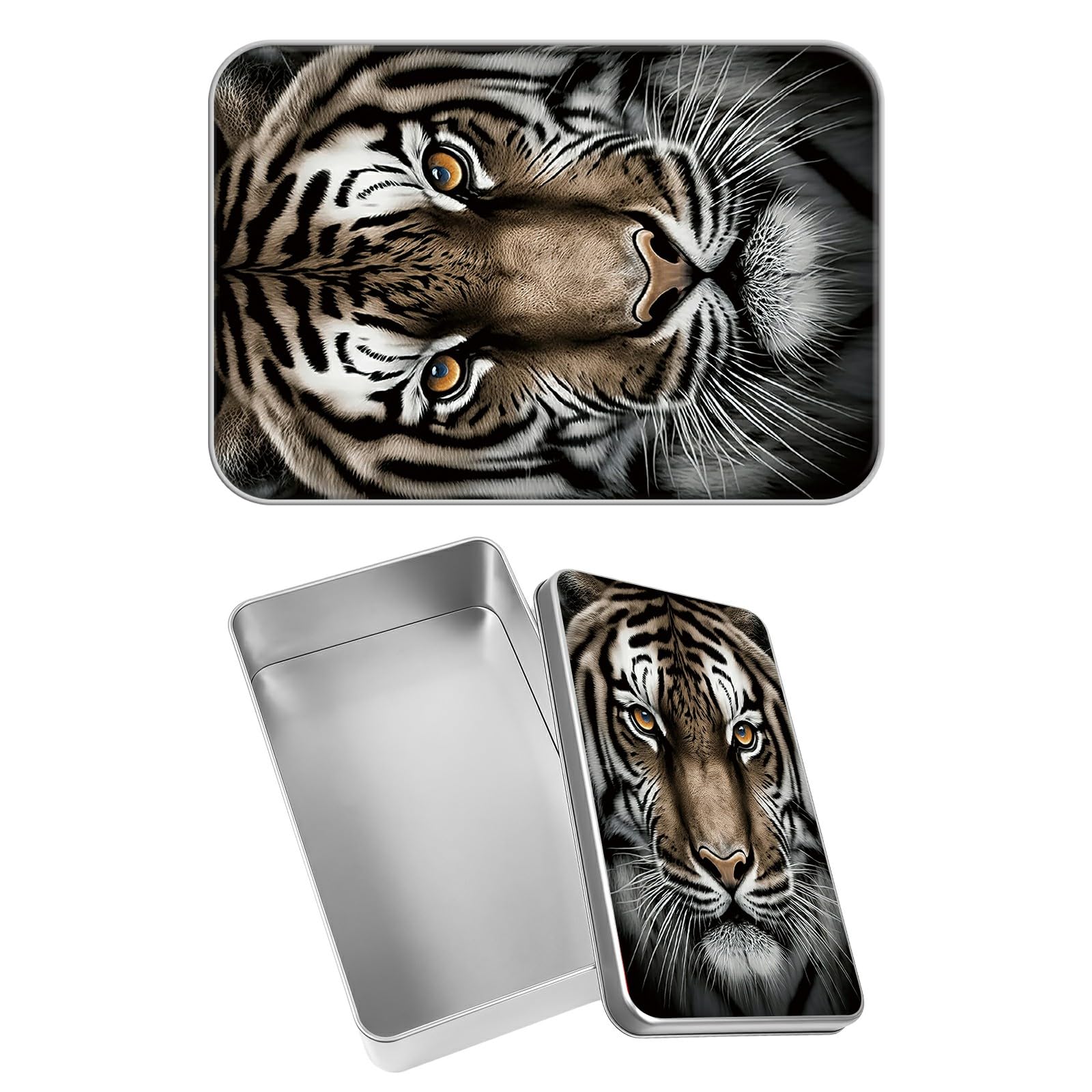 Rectangular Metal Tin Box with Removable Lid, Tiger Decorative Printed Metal Storage Container for Jewelry Pen Eraser Pill Candy Craft 4.9 x 3.54 x 1.57 inch– Single Pack