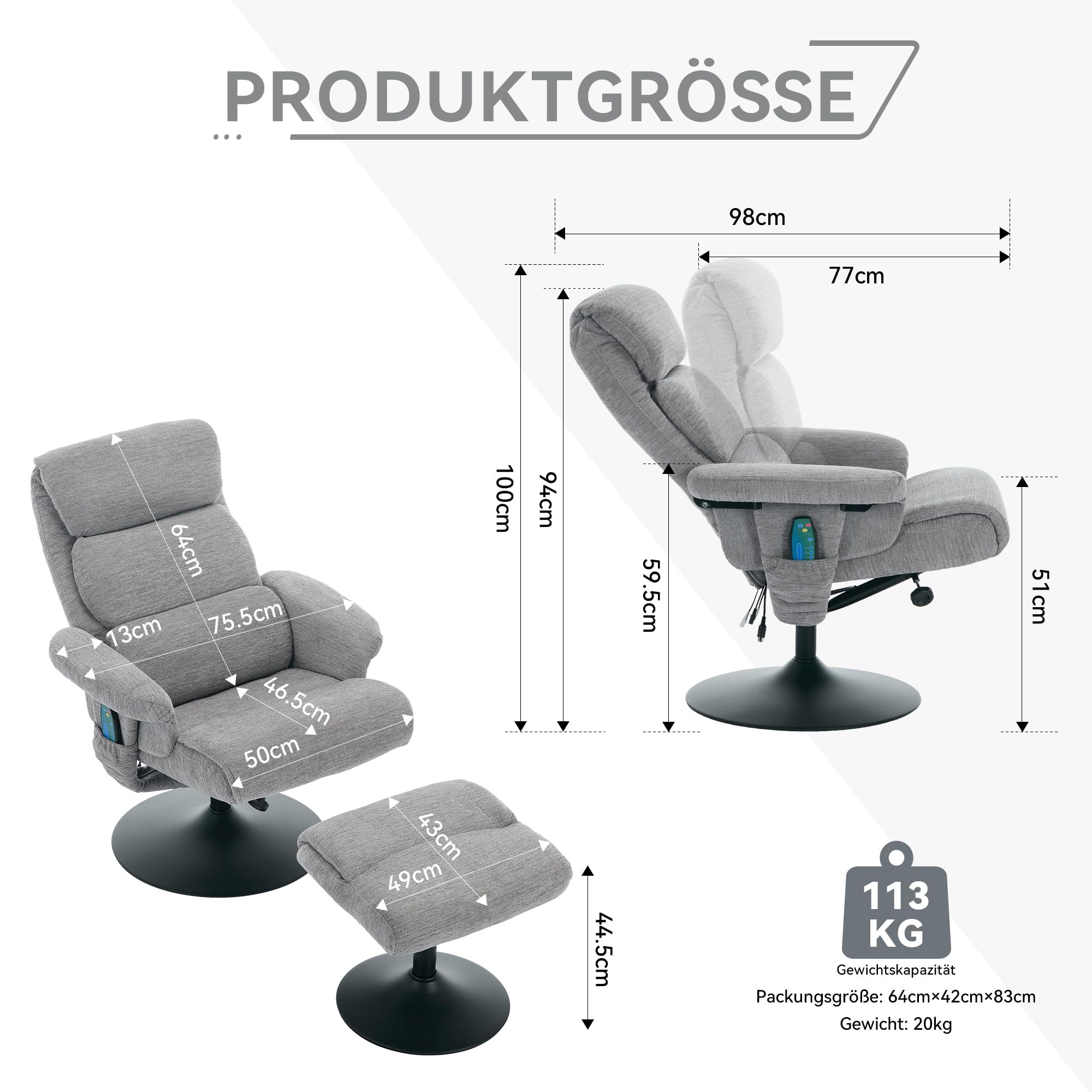 Sillón de relax reclinable con masaje de 5 puntos, sillón y taburete giratorio 360°, tela de chenilla gris