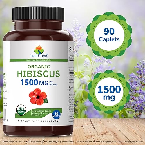 Miniatura 6 de Brieofood Hibisco orgánico 1500 mg, 45 porciones, vegetariano, sin gluten, 90 tabletas vegetarianas