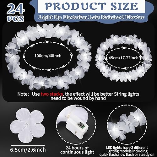 Miniatura 2 de 48 piezas LED hawaianas Leis iluminadas para boda, flores Leis florales, corona de flores artificiales hawaianas con luces LED para máscaras, playa,