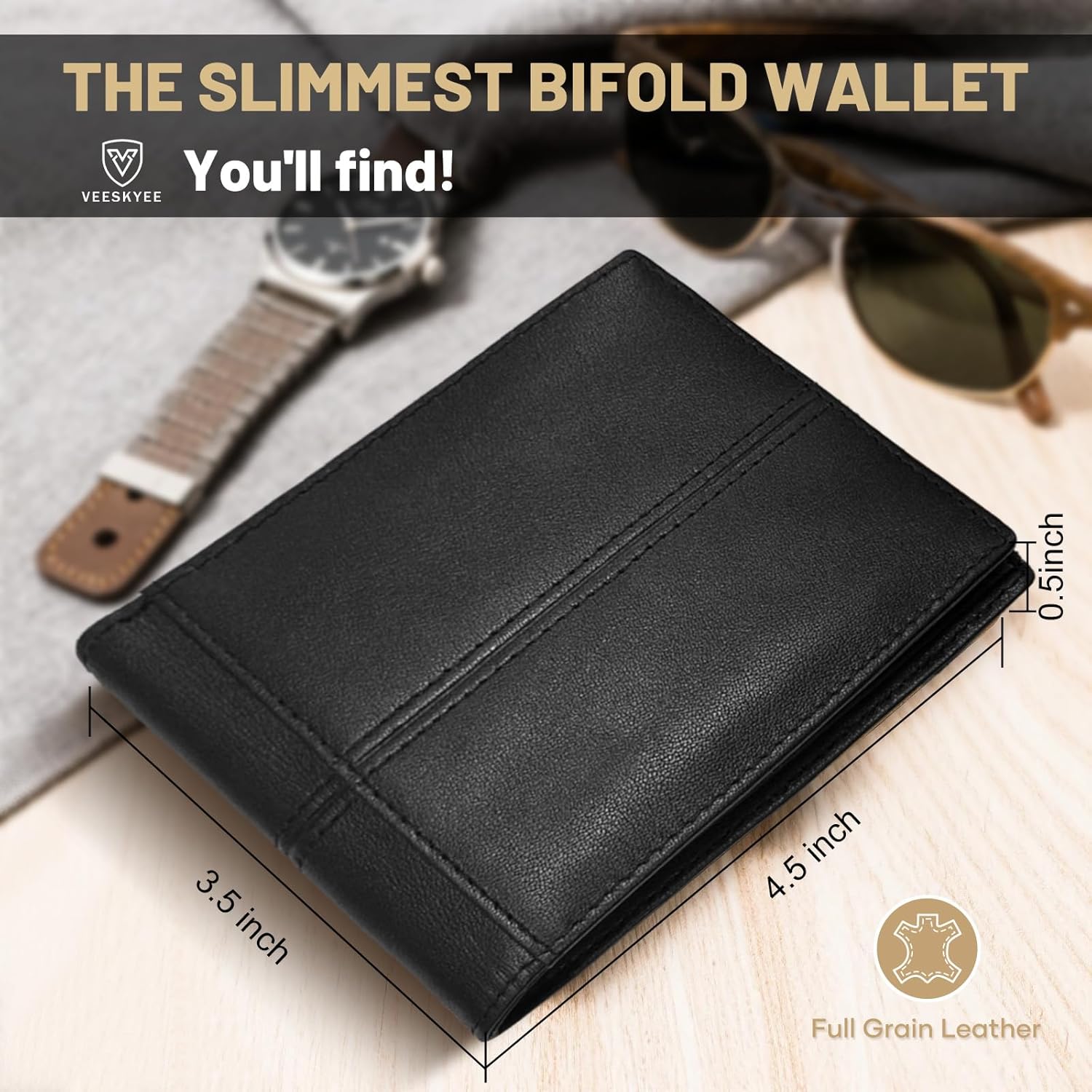 Men's Wallet Full Grain Leather Slim Bifold Wallets | RFID Blocking with Gift Box Black - Image 4