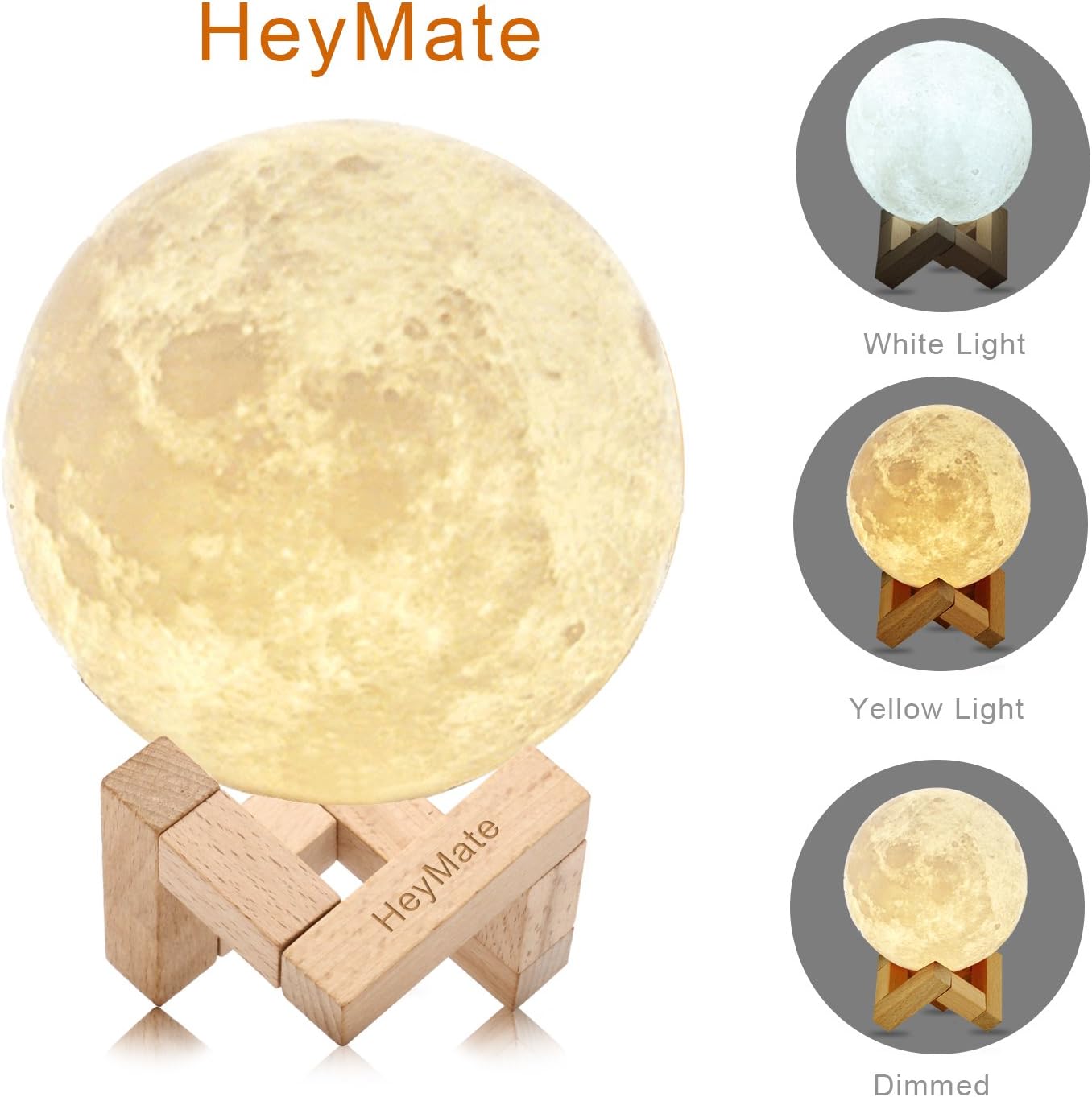 3D Printing Lunar Lamp Touch Control Night Light as Kids Women Girls Gift, 4.7" Rechargeable Moon Lamp with Wooden Holder, Warm Cool White Dimmable Touch Control