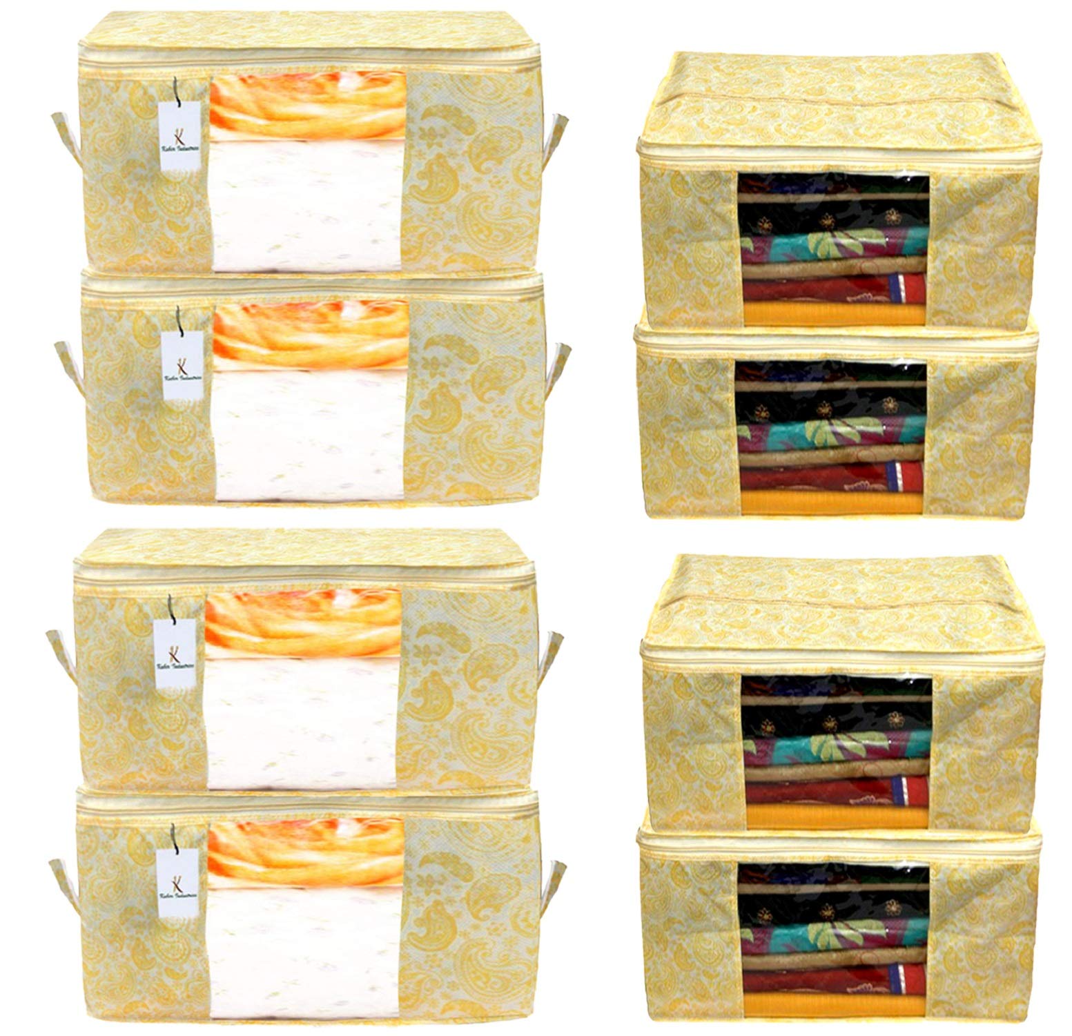 Kuber Industries Metallic Printed Non Woven 4 Pieces Saree Cover and 4 Pieces Underbed Storage Bag, Cloth Organizer for Storage, Blanket Cover Combo Set (Gold) -CTLTC38590