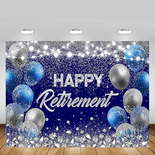Miniatura 5 de MEHOFOND Telón de fondo de fiesta de jubilación de 8 x 6 pies, color azul y plateado, felicitaciones, fondo de fotografía, globos con purpurina,