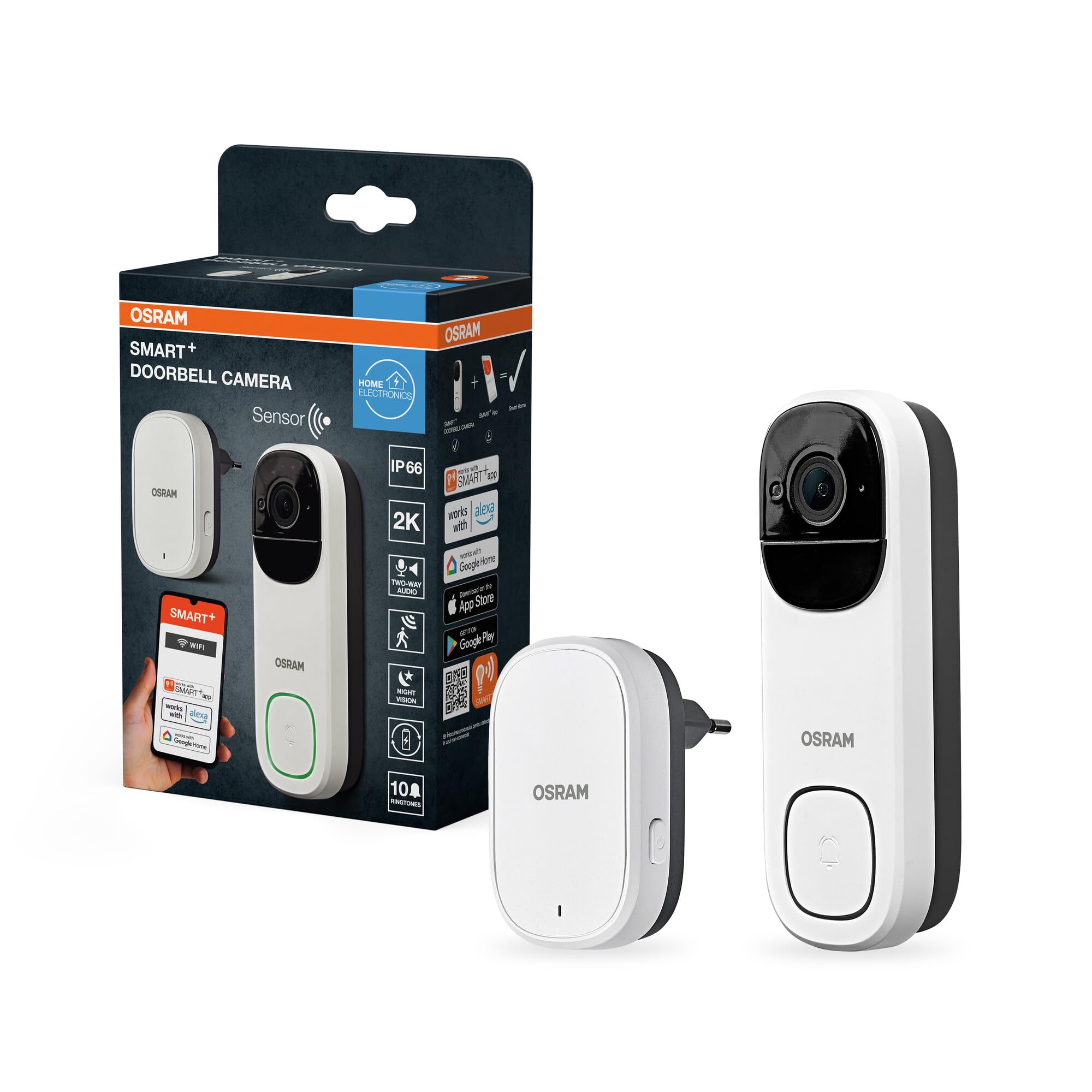 OSRAM SMART+ WiFi 3MP Dzwonek wideo 2K Bateria IP66 Biały Dzwonek wideo SMART+ Wi-Fi 3 MP 2K, czujnik PIR, bateria 5200 mAh, dzwonek, kąt widzenia 160°, kompatybilny z Alexa, biały | Smart + WiFi kamera zewnętrzna do drzwi, akcesoria do oświetlenia zewnęt