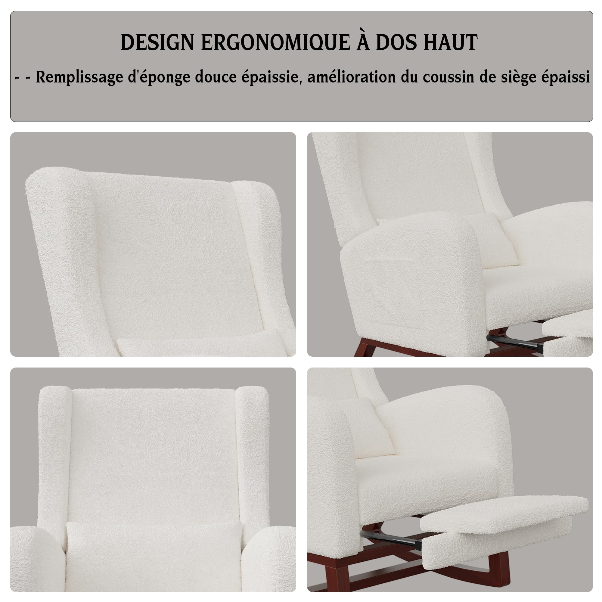 BRILVERDE Mecedora Lactancia, sillón Relax con reposacabezas, Mecedora escandinava con Bolsillos Laterales y Base de Madera Maciza, para salón, balcón, salón (Borreguito con reposapiés, Blanco)