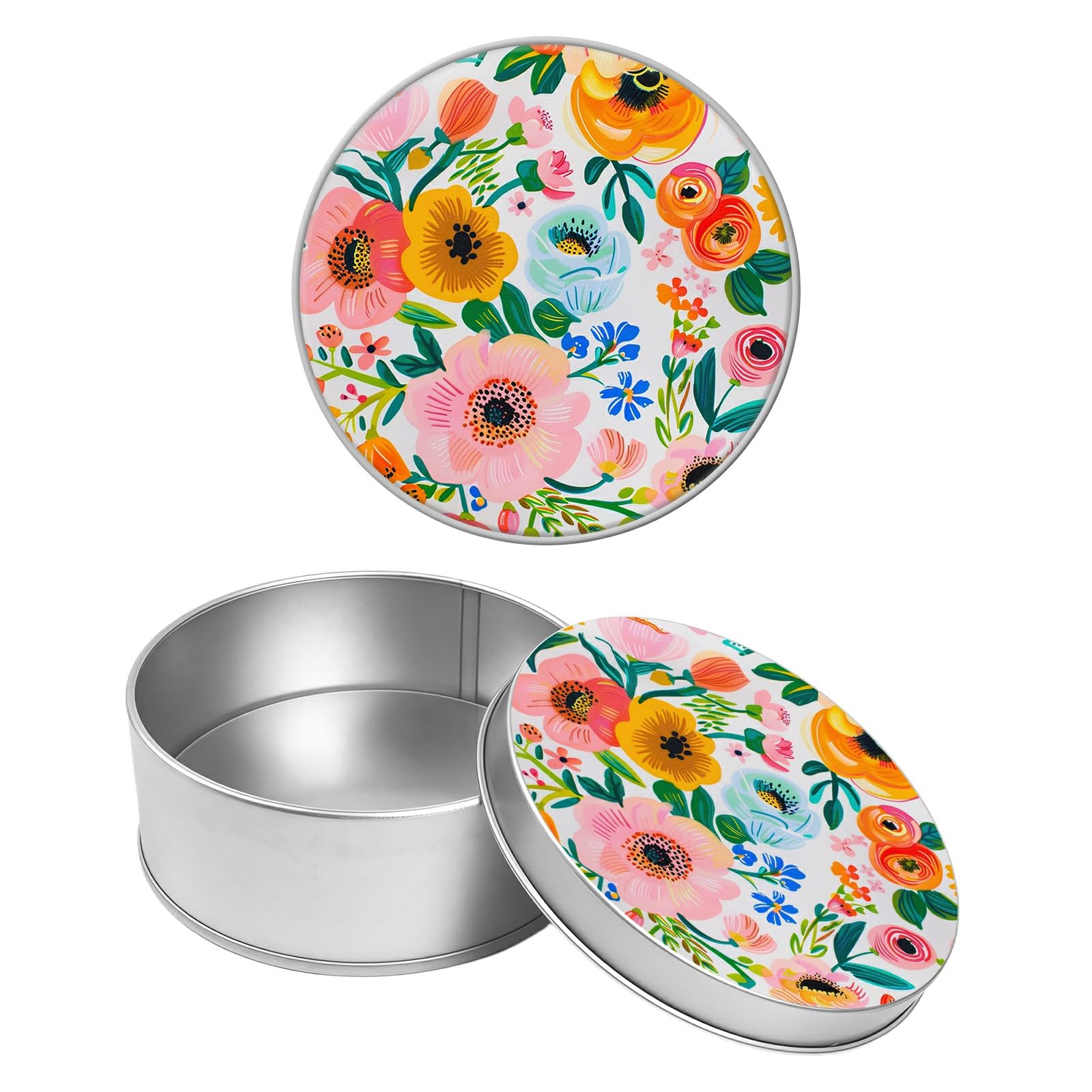 Round Metal Tin Container with Removable Lid, Flowers Blooming Durable Metal Storage Box for Crafts Snacks Candies Office Supplies Small Items 3.54 x 1.38 inch– Single Pack