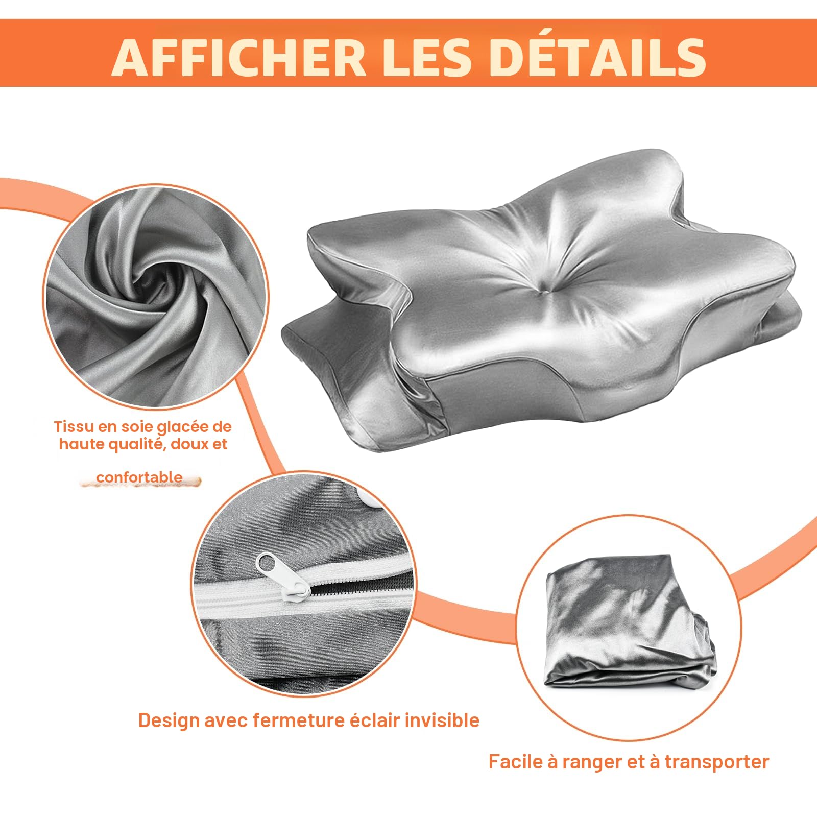 Taie d'oreiller Cervicale, Oreiller Cervical Ergonomique, Taie d'oreiller en Satin, Taie Oreiller Orthopédique Cervicales en Soie pour Position Couchée et Latérale | Housse de coussin en satin pour coussin de soutien cervical JK79, argenté (seulement pour