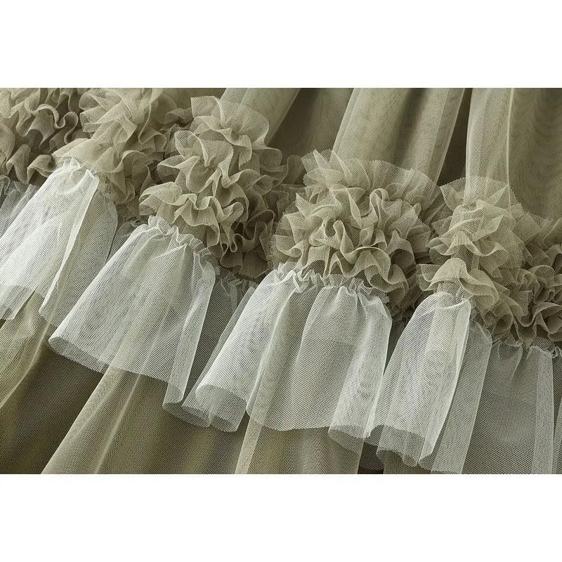 Fashion Tulle Pleated Long Skirts for Women High Waist Ruffle Patchwork A-Line Cake Skirt4