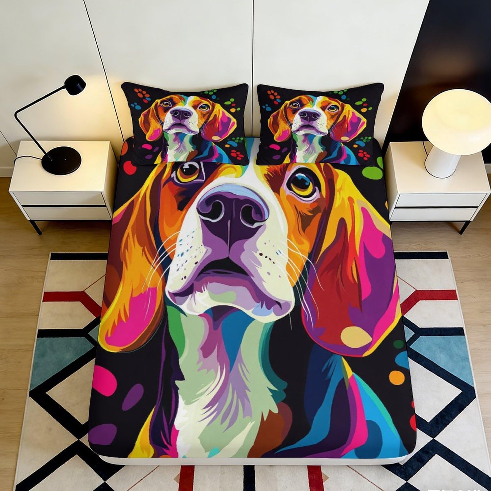 3D Printed Colorful Beagle Fitted Sheet Microfiber Soft Anti-Slip Dog Art Bed Sheet for Bedroom Dorm Decorative Mattress Cover 90x200x25cm