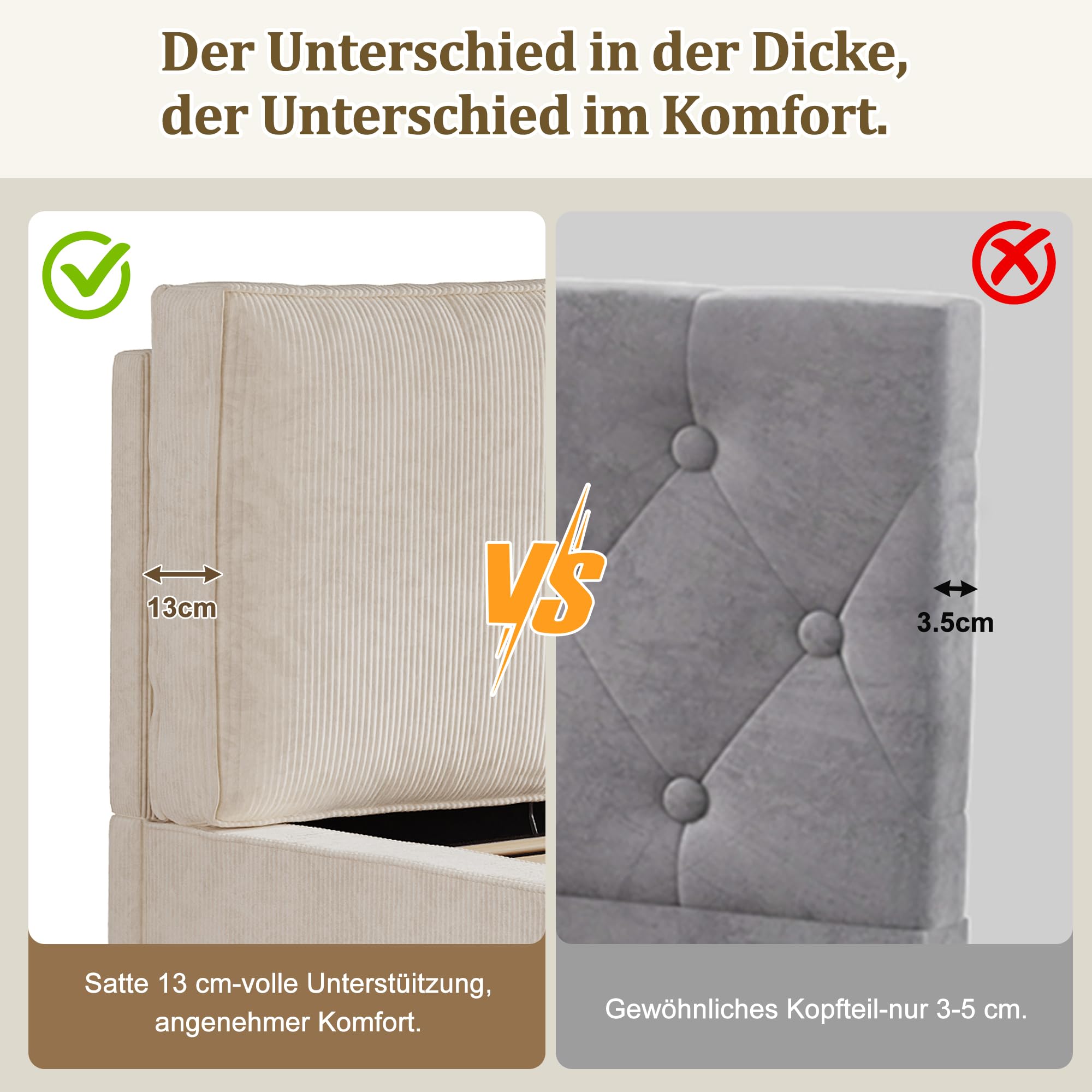 Merax Polsterbett Doppelbett 180x200 cm mit hydraulischem Stauraum & Lattenrost, Samt, 13 cm Dickes gepolstertes Kopfteil (105 cm hoch), eingebaute Struktur, Cord, Beige (Ohne Matratze)