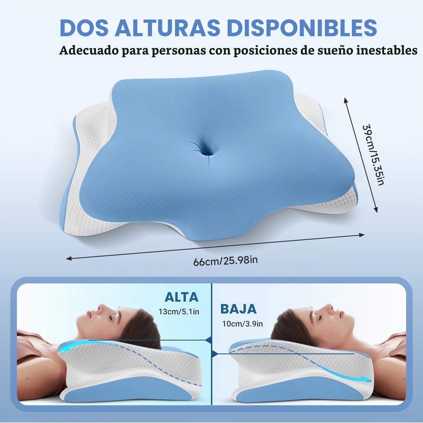 A-Pce Almohada Cervicales y Cuello Viscoelastica, 66x39x10/13cm, Azul | Viscoelástica, Funda Extraíble De Seda Fría, Efecto Refrescante, Transpirable, 2 Alturas, Para Dolor De Cuello y Hombros
