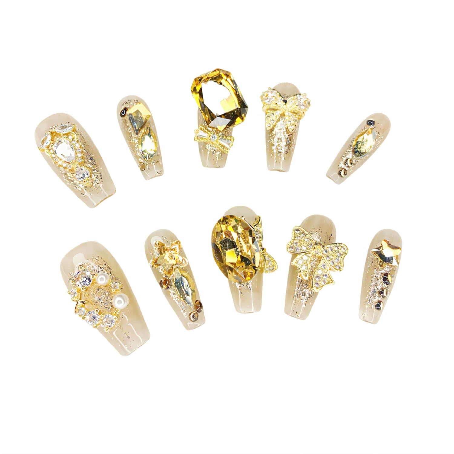 Luxury Handmade Press On Nails - Elegant Fake Nails with Sparkling Diamond Accents, Medium Length French Tip, Easy Application - Ideal for Special Occasions & Daily Wear