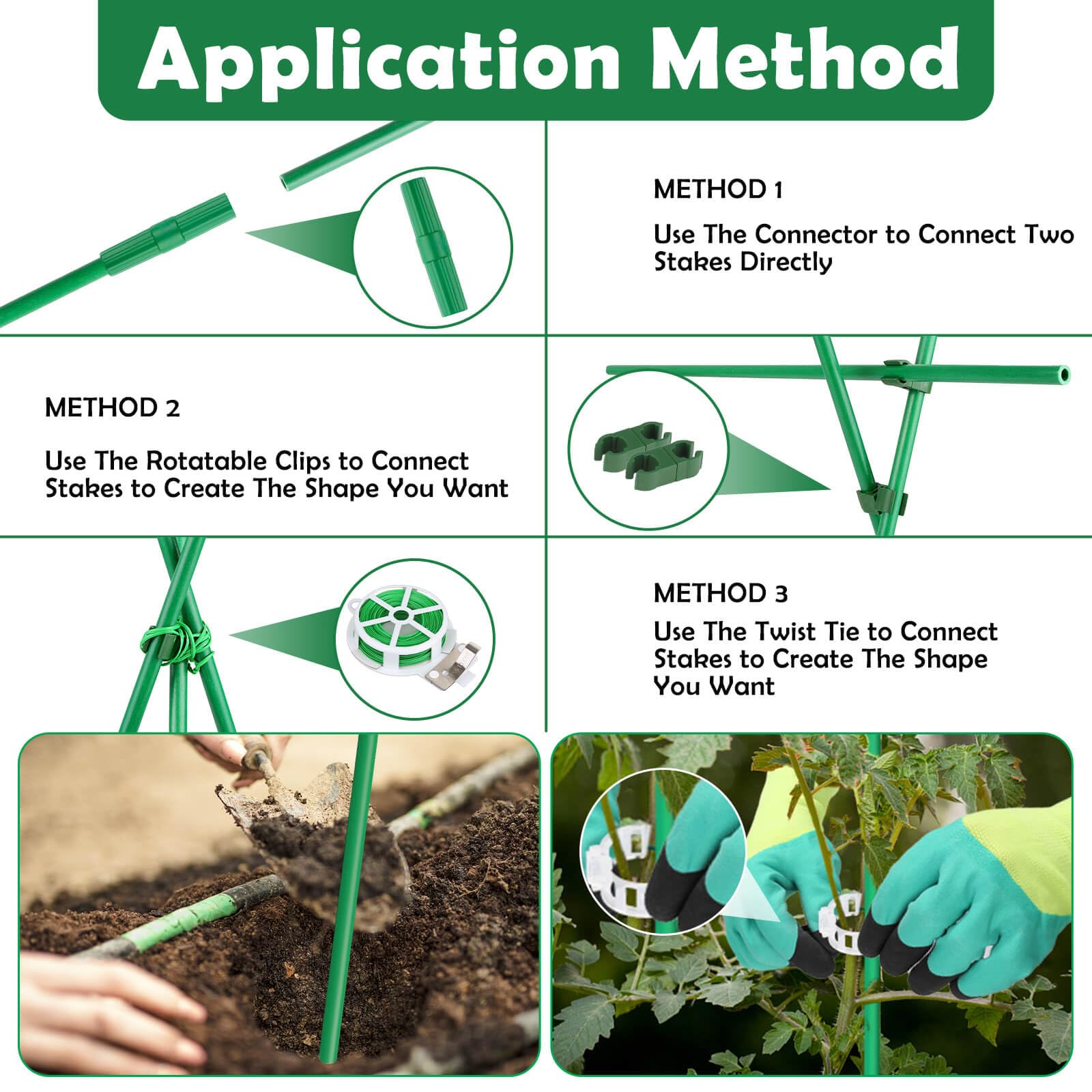 Cludoo Juego de 232 estacas de jardín con 70 juegos de estacas de fibra de vidrio para plantas, soportes y accesorios, 1.2 m, 1.5 m, 1.8 m, 2.1 m, para tomate, verduras, pimiento, vallas, plantas de