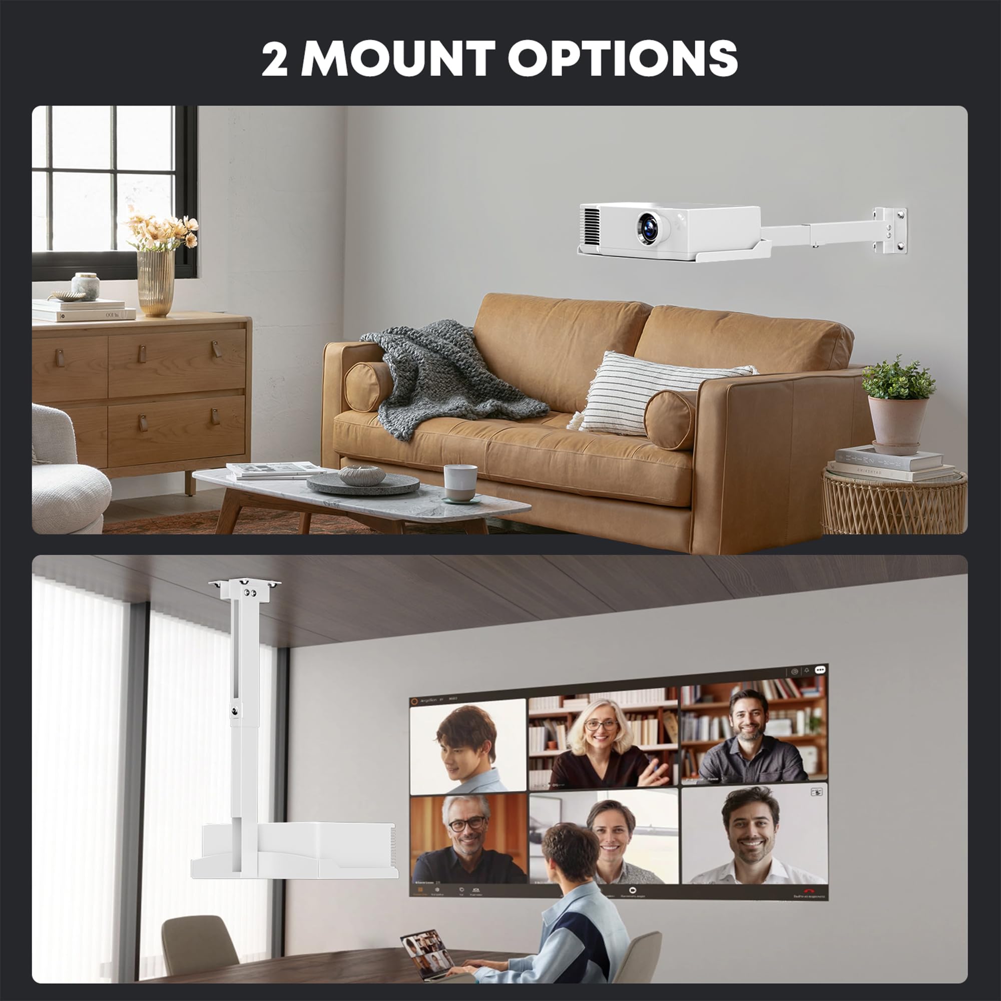 PUTORSEN Supporto Proiettore Soffitto e Parete - Staffa Proiettore Regolabile in Altezza,Installazione Senza Foratura,Gestione dei Cavi Nascosta,Supporto Fino a 10 kg,Bianco