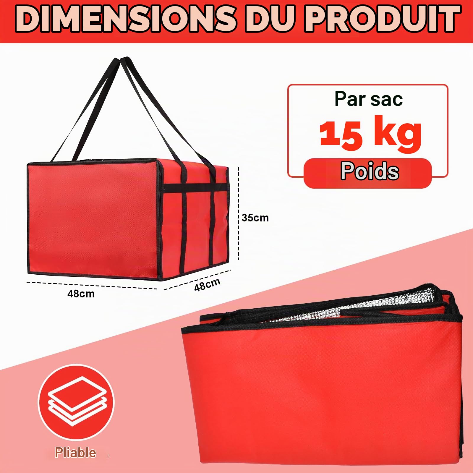 Grand Sac Isotherme 50x50x35,5cm Sacs Isotherme Grand Sac à Pizza Thermique 85L Sacs de Livraison de Nourriture Pochette Thermique Pizza Grande Glacière Pliable pour Faire Les Courses