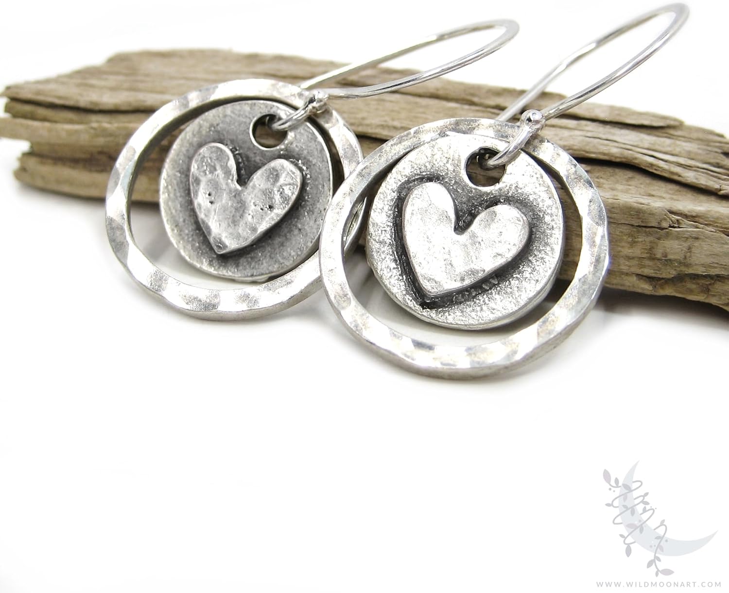 Silver Heart Earrings, Hand Hammered Sterling Silver Rustic Heart Dangle Earrings, Upcycled Metal, Love Valentine Jewelry