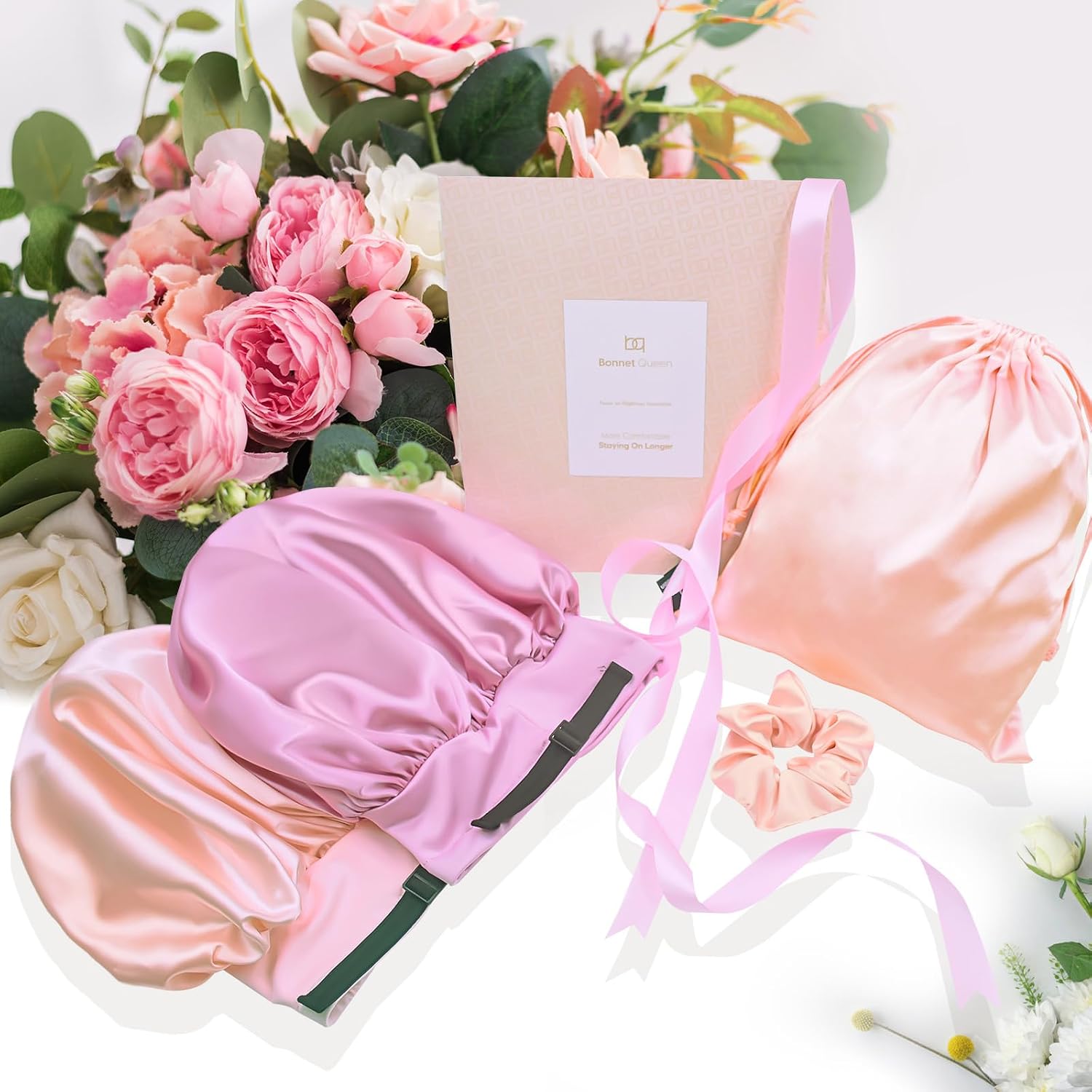 BONNET QUEEN Silk Bonnet for Sleeping Women Satin Bonnet Adjustable Hair Bonnet Soft Elastic Wide Band Sleep Cap for Curly Hair (Jade+Dark Rose Gold, 4pcs Item Gift Pack)
