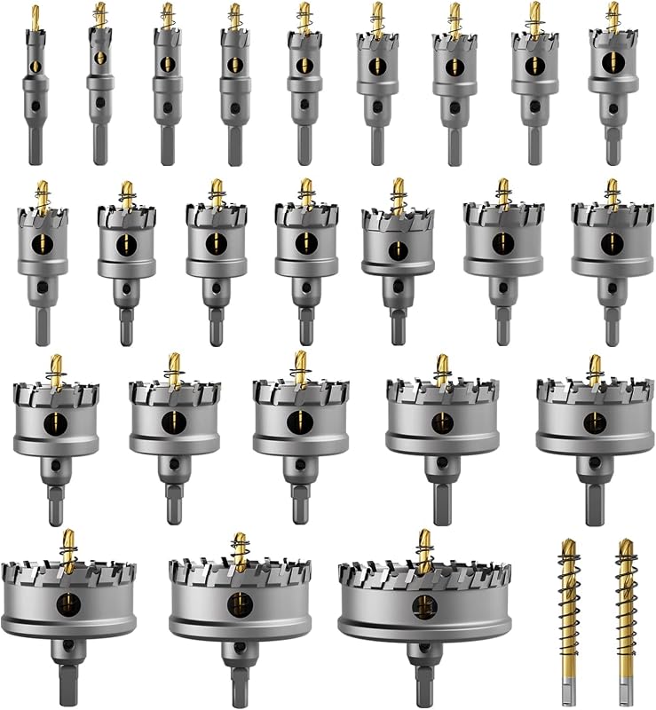 GSTK Upgraded 26 PCS Heavy Duty Carbide Hole Saw Set, Metal Steel Drill Bit, TCT Cutter, 24 Saws with 2*Extra Pilot Center Drills, Ideal for Metal, Iron, Stainless (1/2''- 3-15/16'')-26PCS