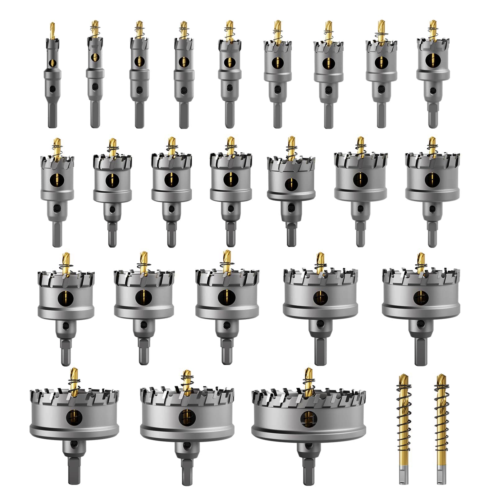 GSTK - Juego de 26 sierras de corona de carburo de tungsteno muy resistentes para metal, hierro y acero inoxidable, 24 sierras de campana con 2 brocas centrales piloto adicionales