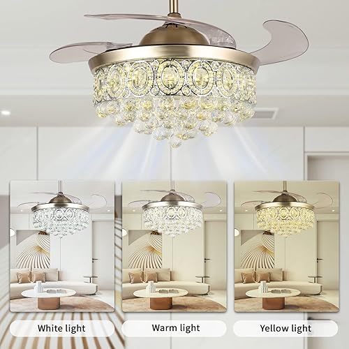 Miniatura 2 de MoreChange - Ventilador de techo de araña de cristal de 42 pulgadas con luces y cuchillas retráctiles de control remoto, moderno ventilador LED de