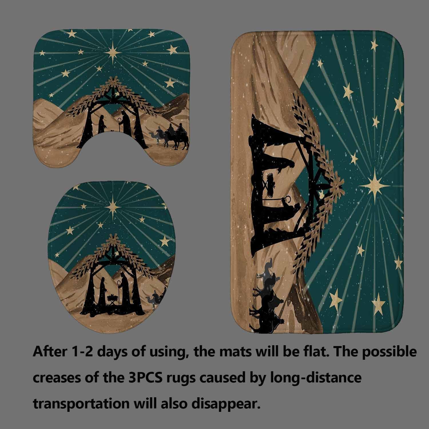 4PCS Christmas Shower Curtain Sets with Rugs, Waterproof Fabric Shower Curtain, Nativity Scene Dark Green Galaxy Bethlehem Star Manger Wise Men Mountain Holiday Winter Xmas Bathroom Decor