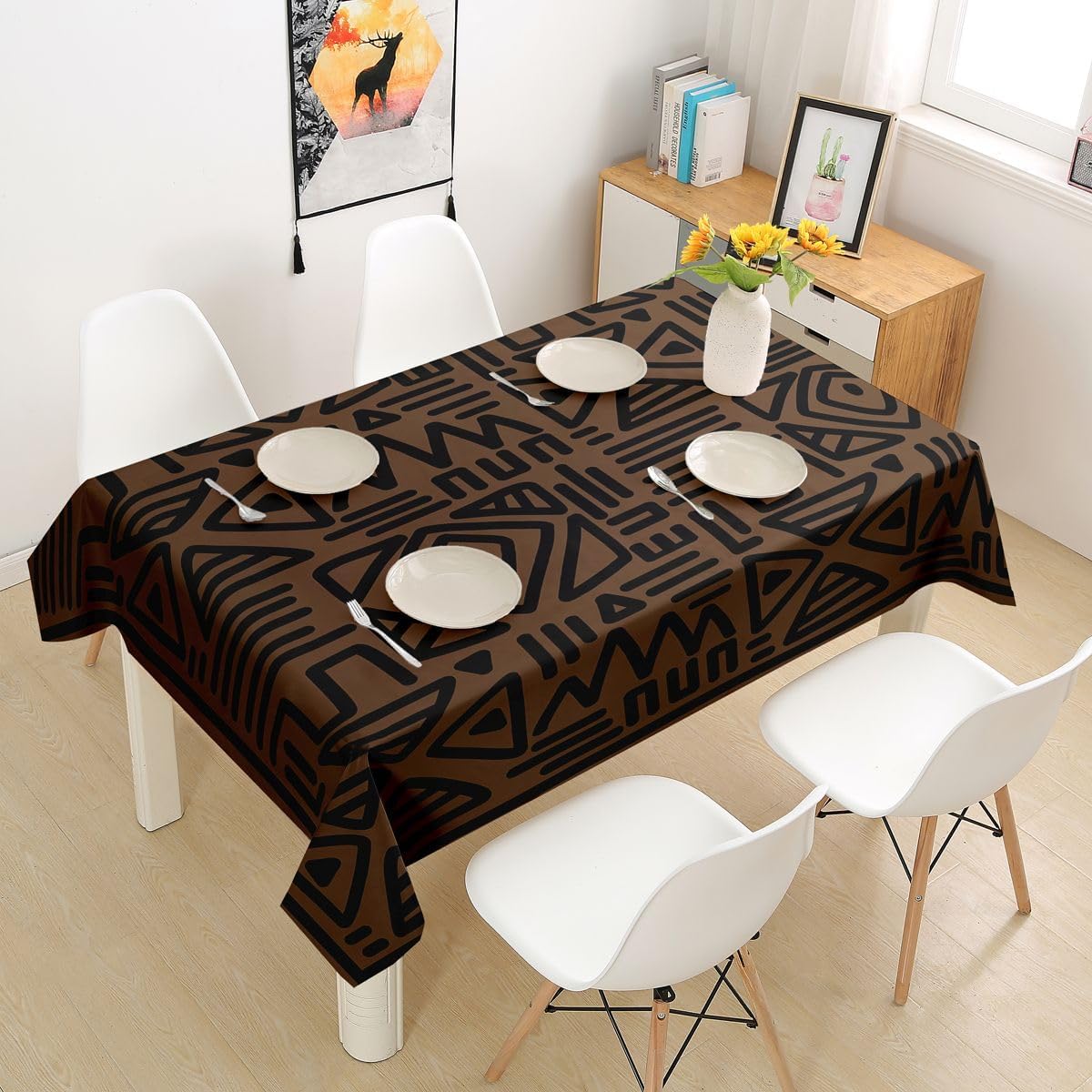 Manfei Abstract Aztec Tablecloths,Geometric Stripe Line Patchwork Table Cover,Simple Artwork Graffiti Table Cloth,Black Brown Table Accessories for Kitchen,Square 55"x55"