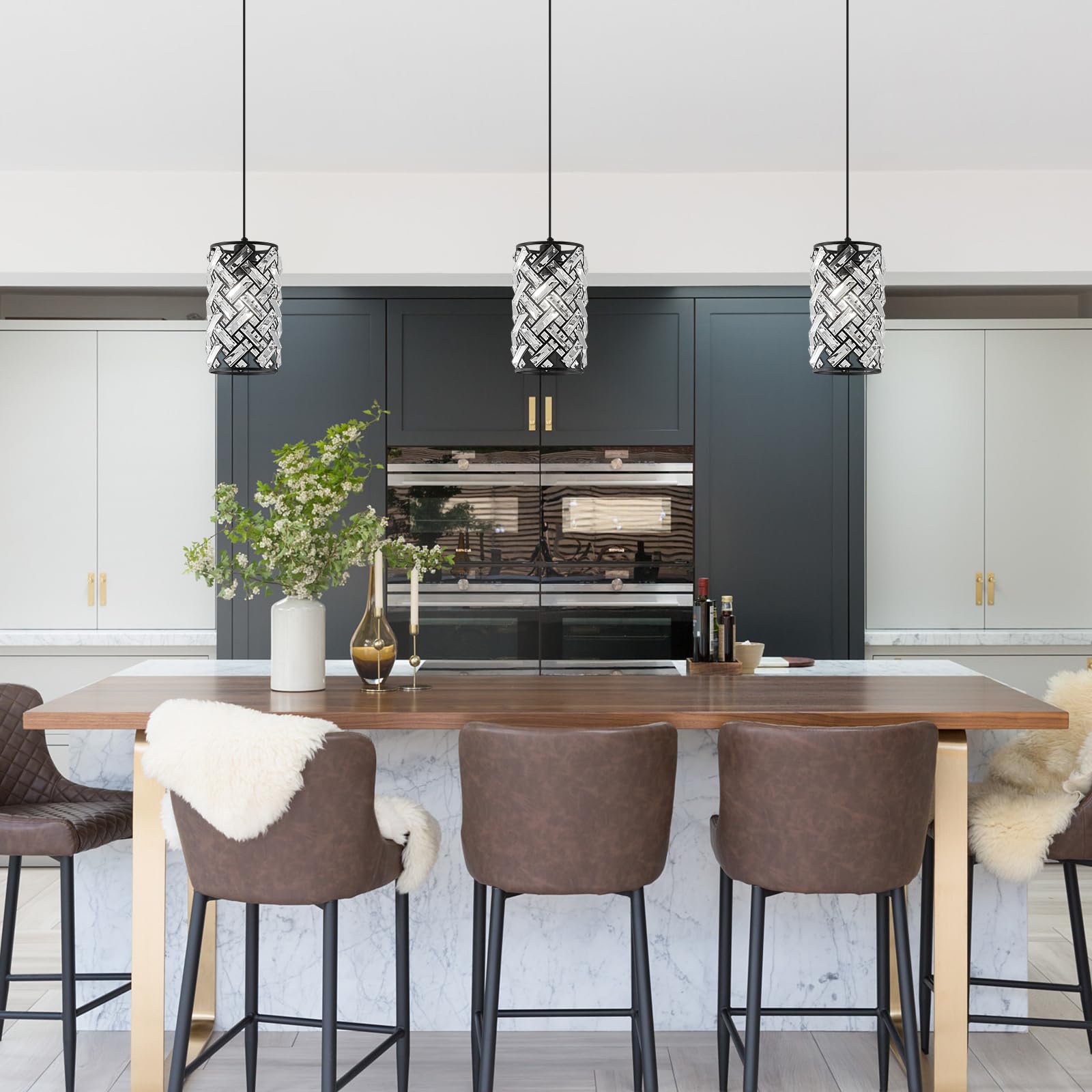 Modern Black Crystal Pendant Light Fixture Mini Chandelier 3-Pack for Kitchen Island Dining Room Living Room Hallway Porch