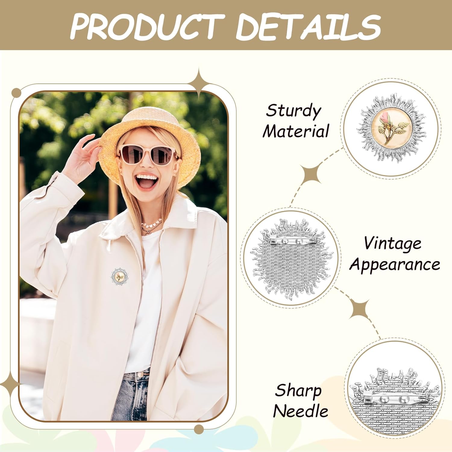 MECCANIXITY 10 Pcs Cabochon Brooch, 25mm Alloy Findings Trays Round Pins, Vintage Setting Brooch Pins for DIY Jewelry Making Pendants Photo Craft, Sun Style, Silver - Image 3