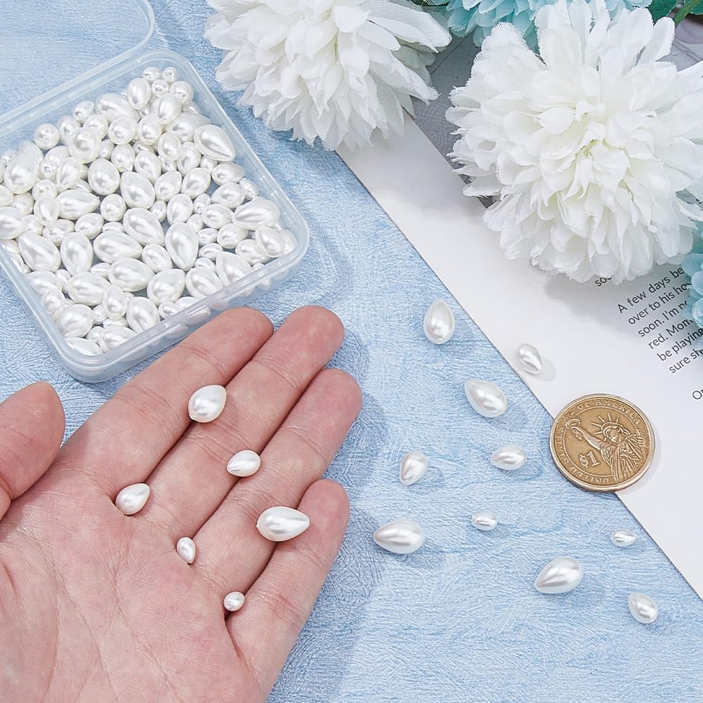 3 Strands Glass Pearl Beads 3 Sizes Teardrop Pearl Bead Strands Seashell Color Loose Bead Pearlized Luster Water Drop Spacer Beads for Jewelry Necklace Bracelets Earrings Making DIY Crafts - Image 3