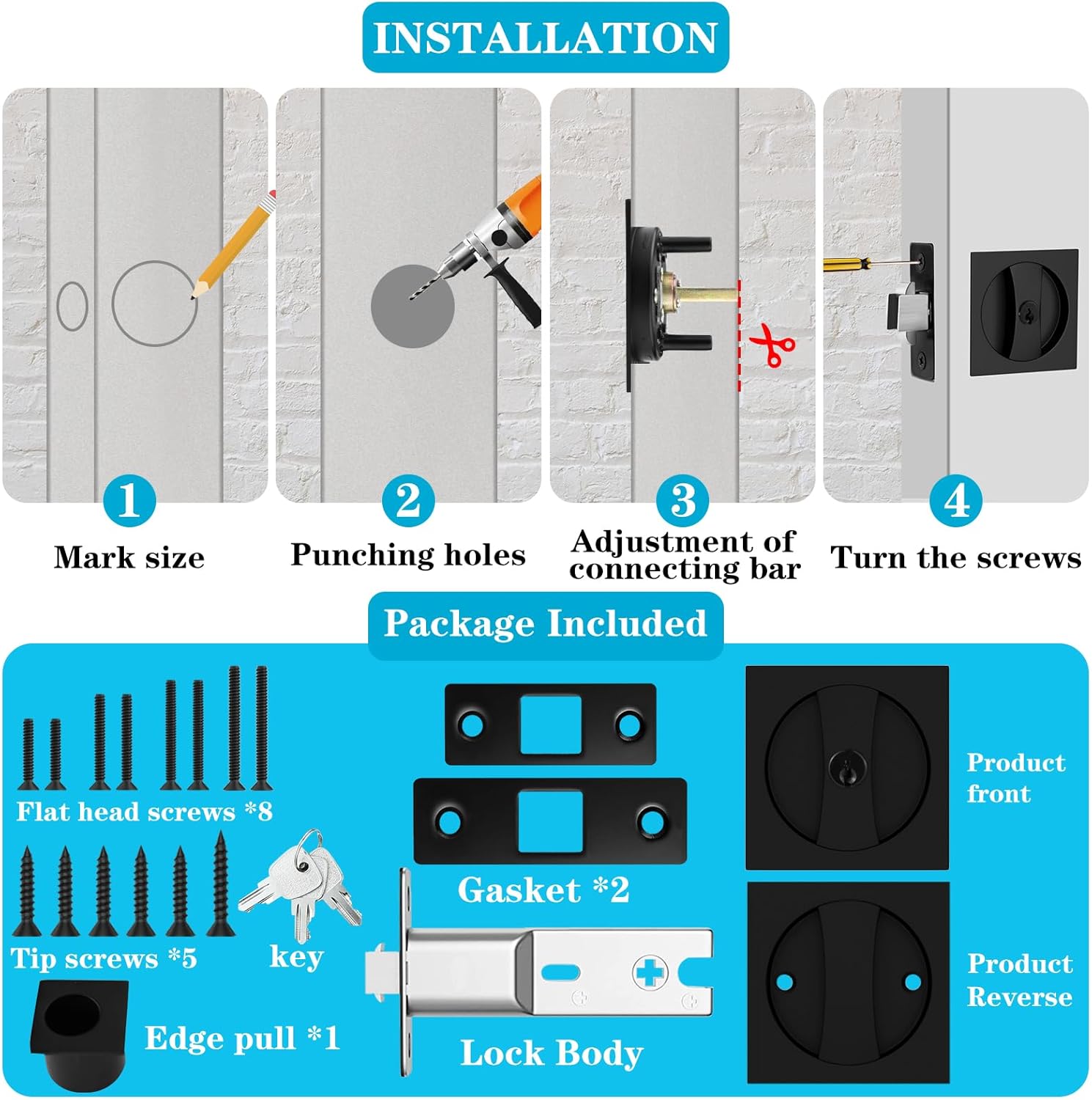 Pocket Door Hardware Matte Black Pocket Door Lock with Keys Contemporary Flush Pocket Door Latch and Edge Pull for Bed/Bath/Kitchen/Barn Door (2-3/8" Backset, for 1 3/8" to 2 3/16" Thickness Door)