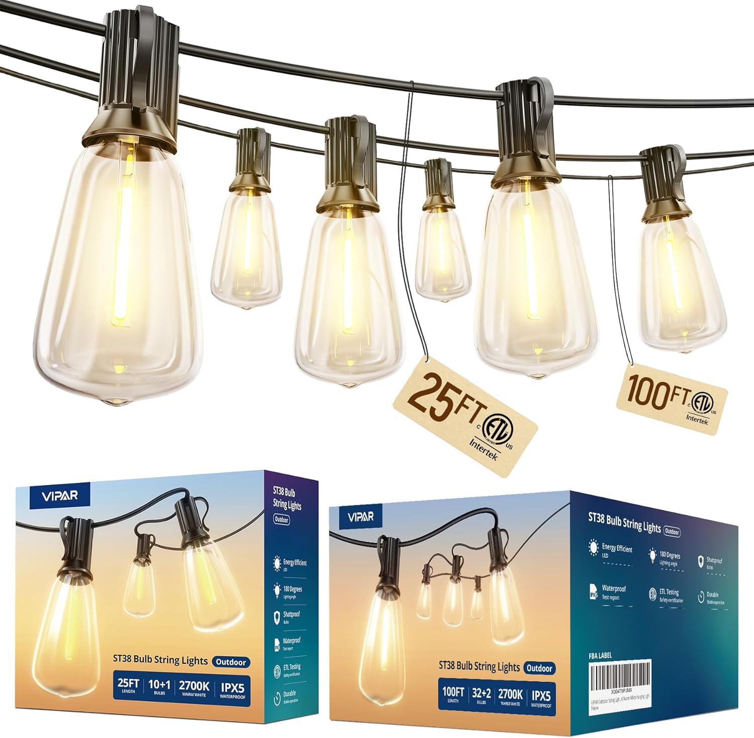 VIPAR 25FT ST38 Outdoor String Lights and 100FT ST38 LED String Lights