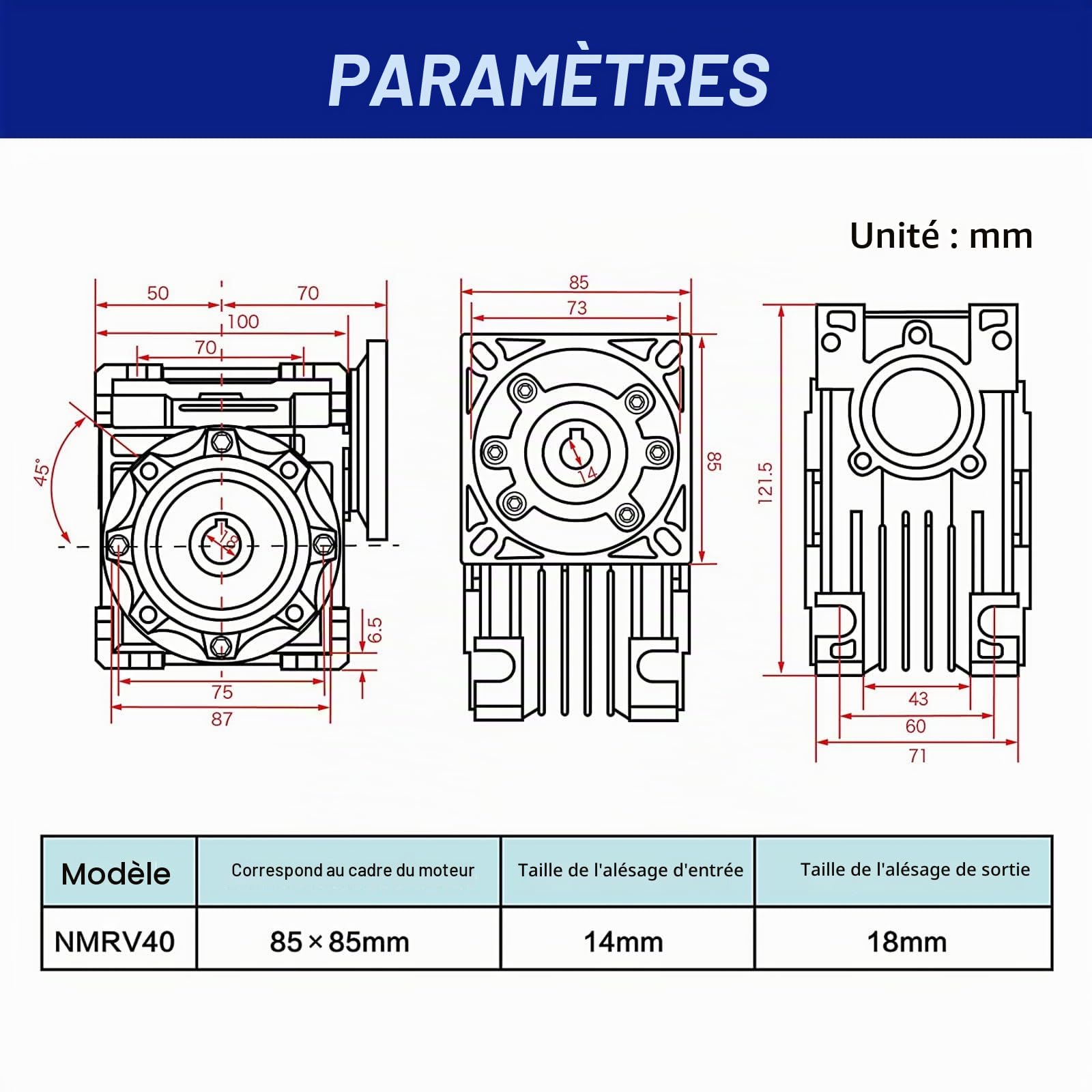 RATTMMOTOR Rapport de réduction 10:1 RV40 - Engrenage en métal - Pour moteur pas à pas Nema34 (ratio 10, NMRV 040)