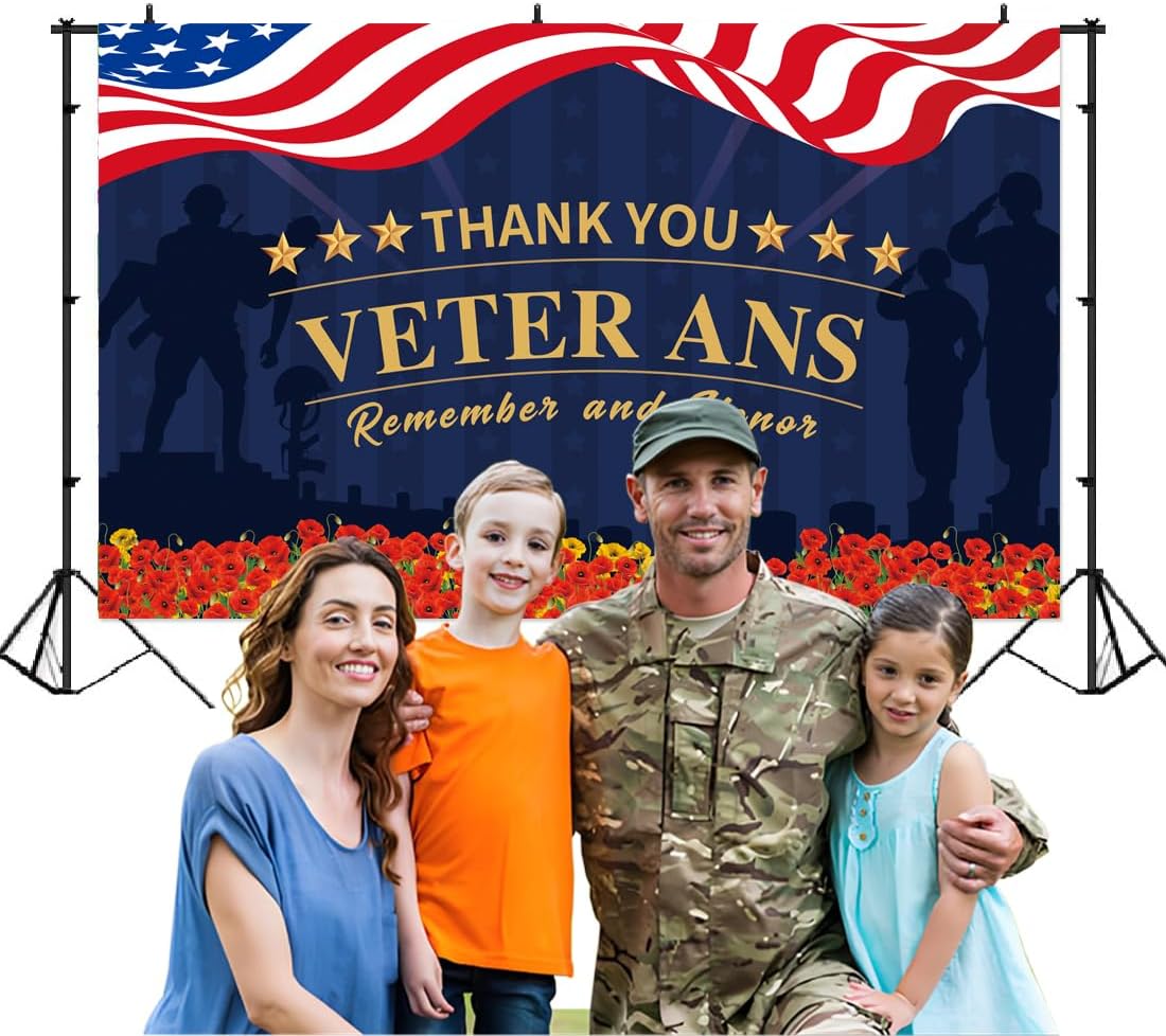 Thank You Veterans Day Decorations Banner Photography Backdrop Red Poppies 4th of July Patriotic Veterans Police Military Army Employees Independence Memorial Day Party Indoor Outdoor - Image 2