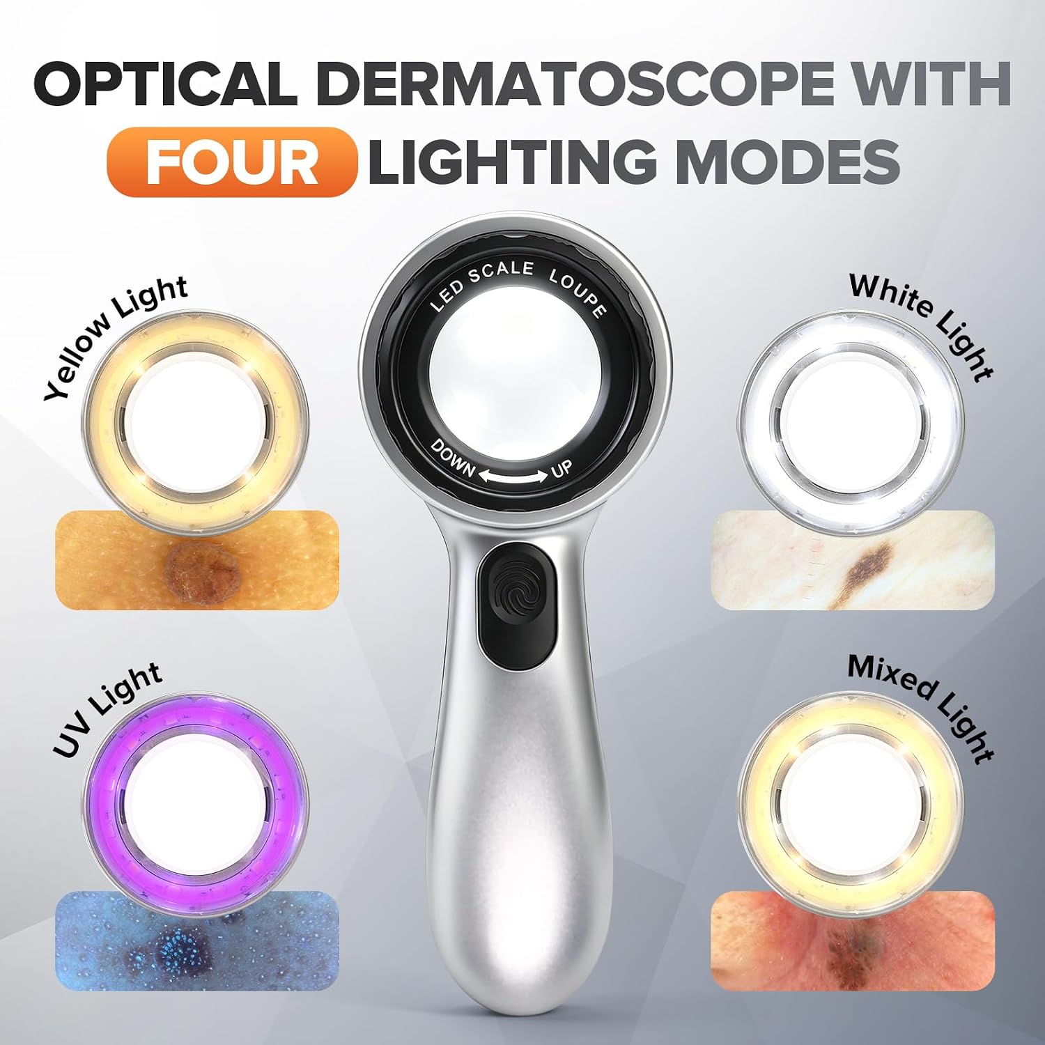 Portable dermatoscope, Rechargeable Handheld Skin Analyzer, 30x Magnifying dermatoscope with 4 Lighting Effects, Comes with a Storage Bag, Charging Cable, and Lens Cleaning Cloth