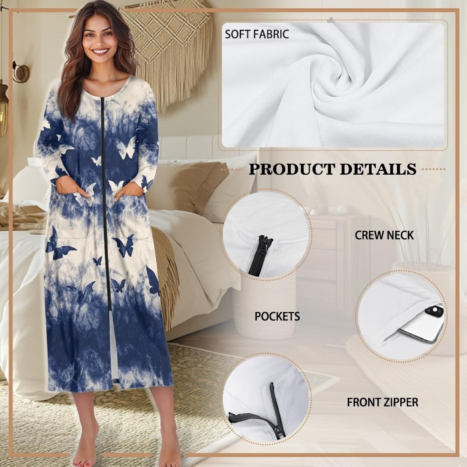 Long Robes for Women Lightweight Soft House Coats for Women with Pockets Full Zipper Nightgown S-4Xl