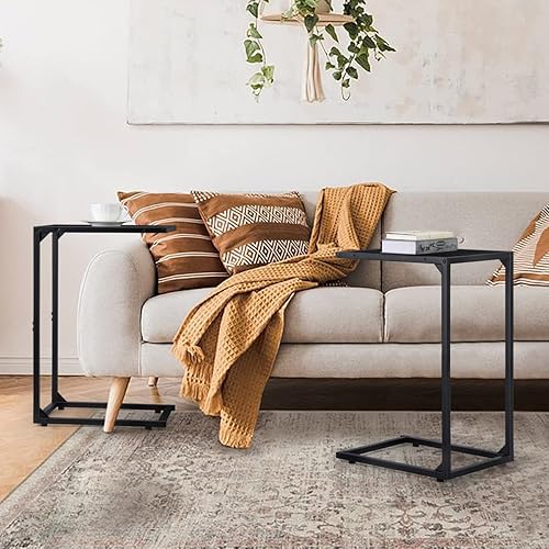 Miniatura 2 de Juego de 2 mesas auxiliares en forma de C mesas auxiliares de aperitivos mesas C para sofá mesas de sofá que se deslizan debajo de la sala de estar